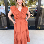 THML - Gather Midi Dress - Rust-500 Midi-THML-July & June Women's Fashion Boutique Located in San Antonio, Texas