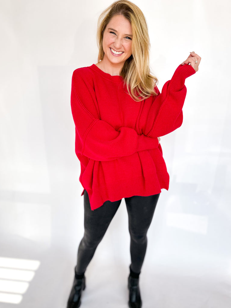 Cozy Oversized Sweater- Red-230 Sweaters/Cardis-ENTRO-July & June Women's Fashion Boutique Located in San Antonio, Texas