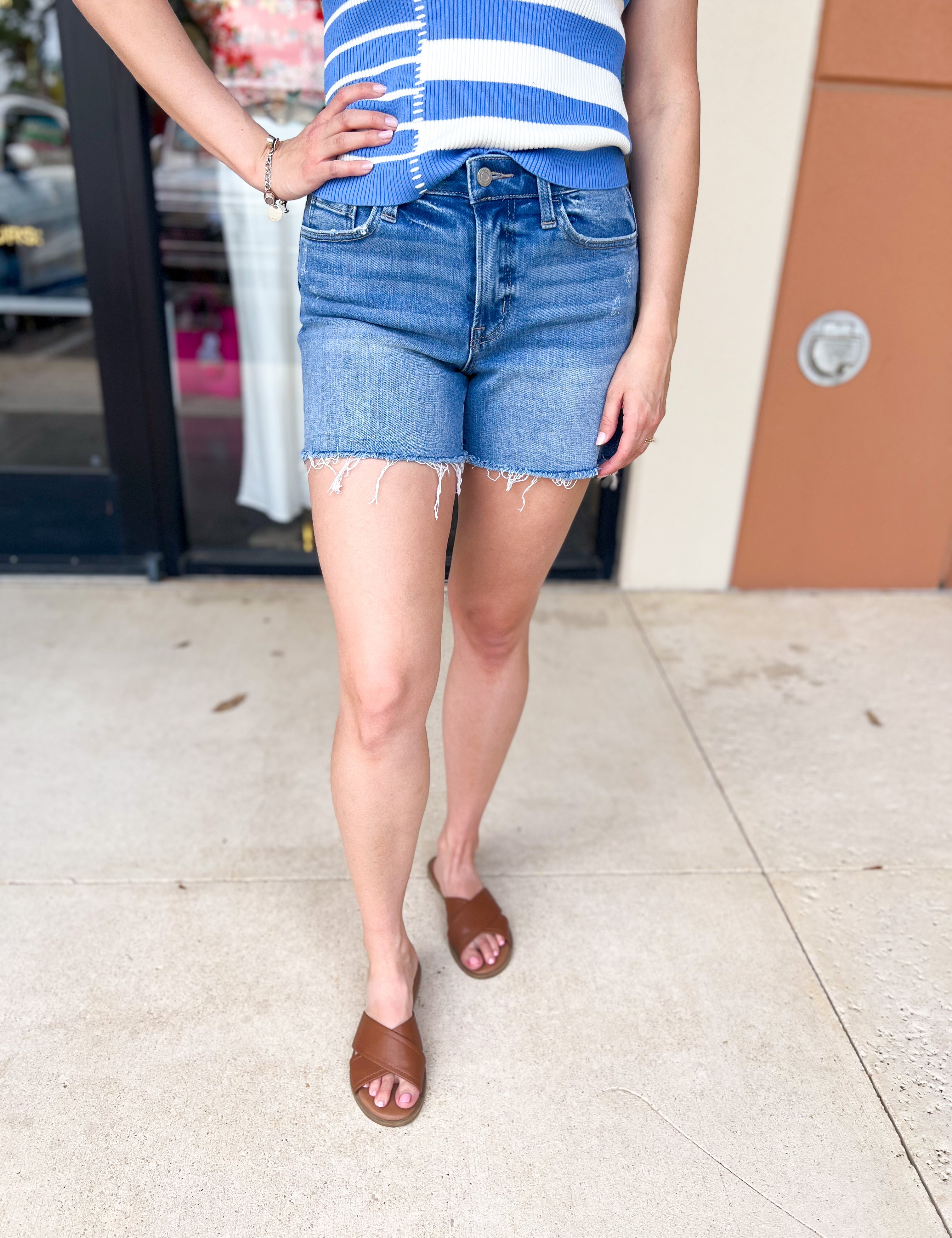 Vervet - High Rise Raw Hem Staple Denim Shorts-410 Shorts/Skirts-VEVERT BY FLYING MONKEY-July & June Women's Fashion Boutique Located in San Antonio, Texas