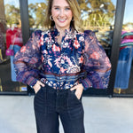 Deep Blue Floral Blouse-200 Fashion Blouses-FATE-July & June Women's Fashion Boutique Located in San Antonio, Texas