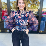 Deep Blue Floral Blouse-200 Fashion Blouses-FATE-July & June Women's Fashion Boutique Located in San Antonio, Texas
