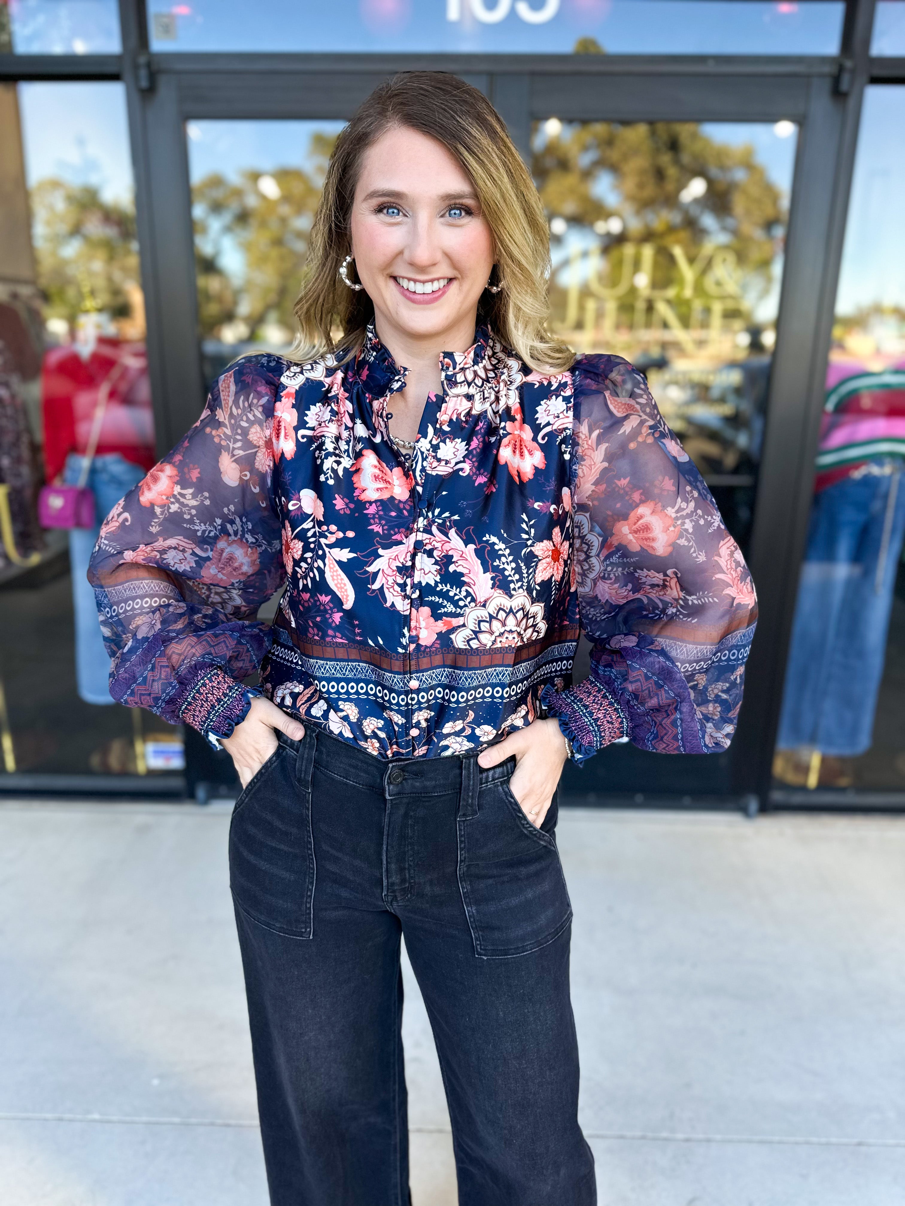 Deep Blue Floral Blouse-200 Fashion Blouses-FATE-July & June Women's Fashion Boutique Located in San Antonio, Texas