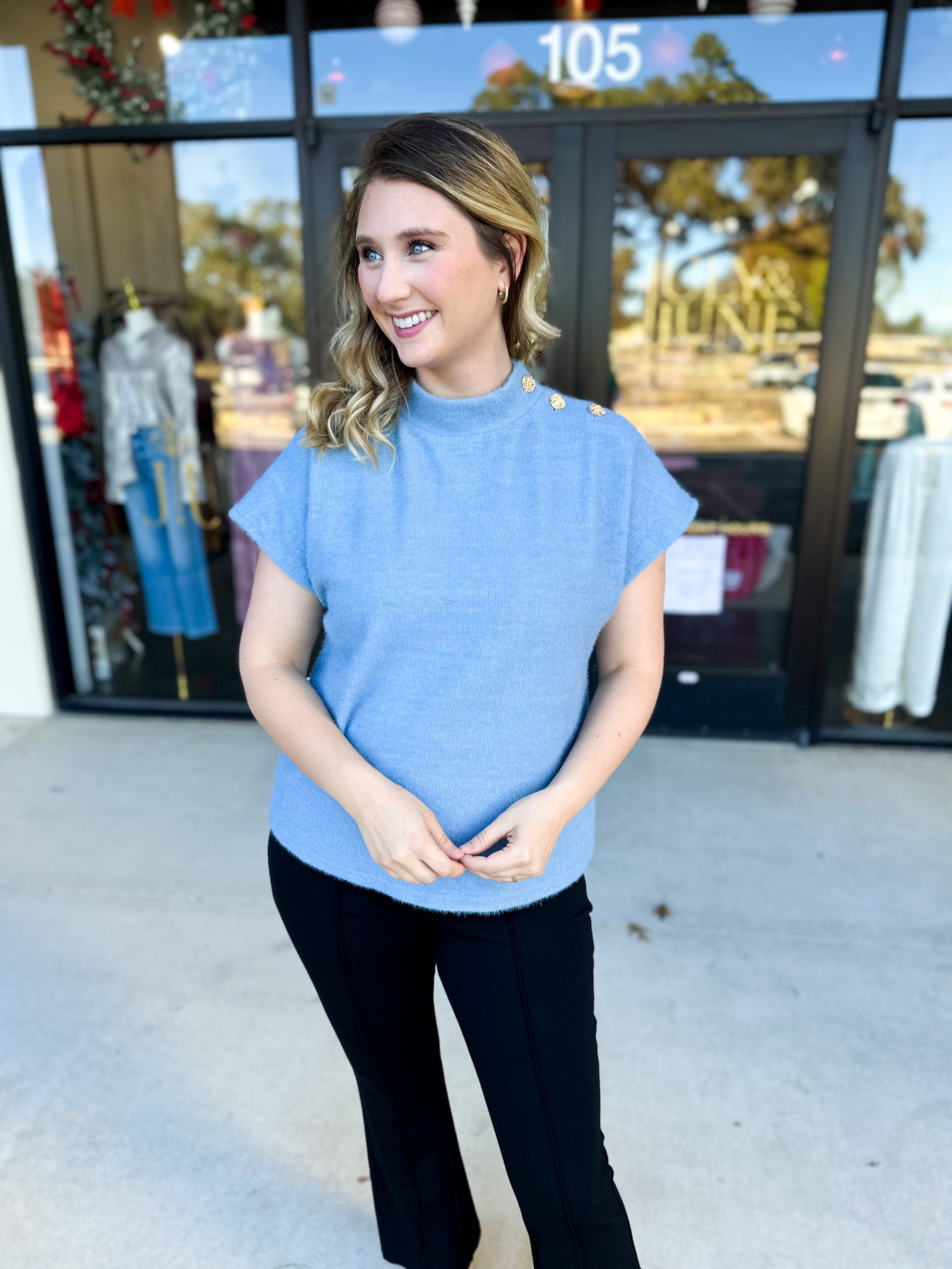 THML - Mock Neck Fuzzy Sweater Top - Ice Blue-230 Sweaters/Cardis-THML-July & June Women's Fashion Boutique Located in San Antonio, Texas
