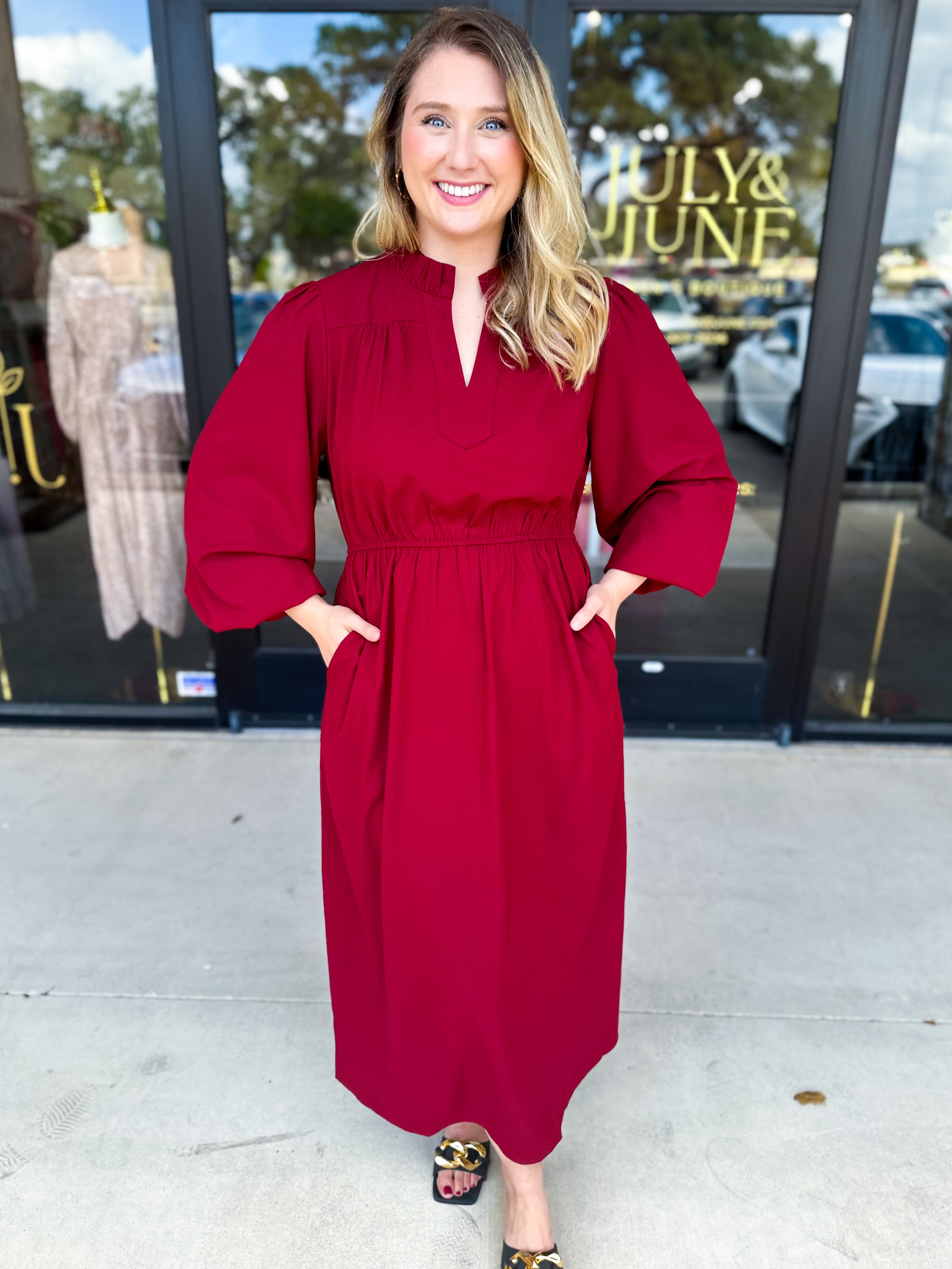 Classic Midi Dress - Deep Red-500 Midi-JODIFL-July & June Women's Fashion Boutique Located in San Antonio, Texas