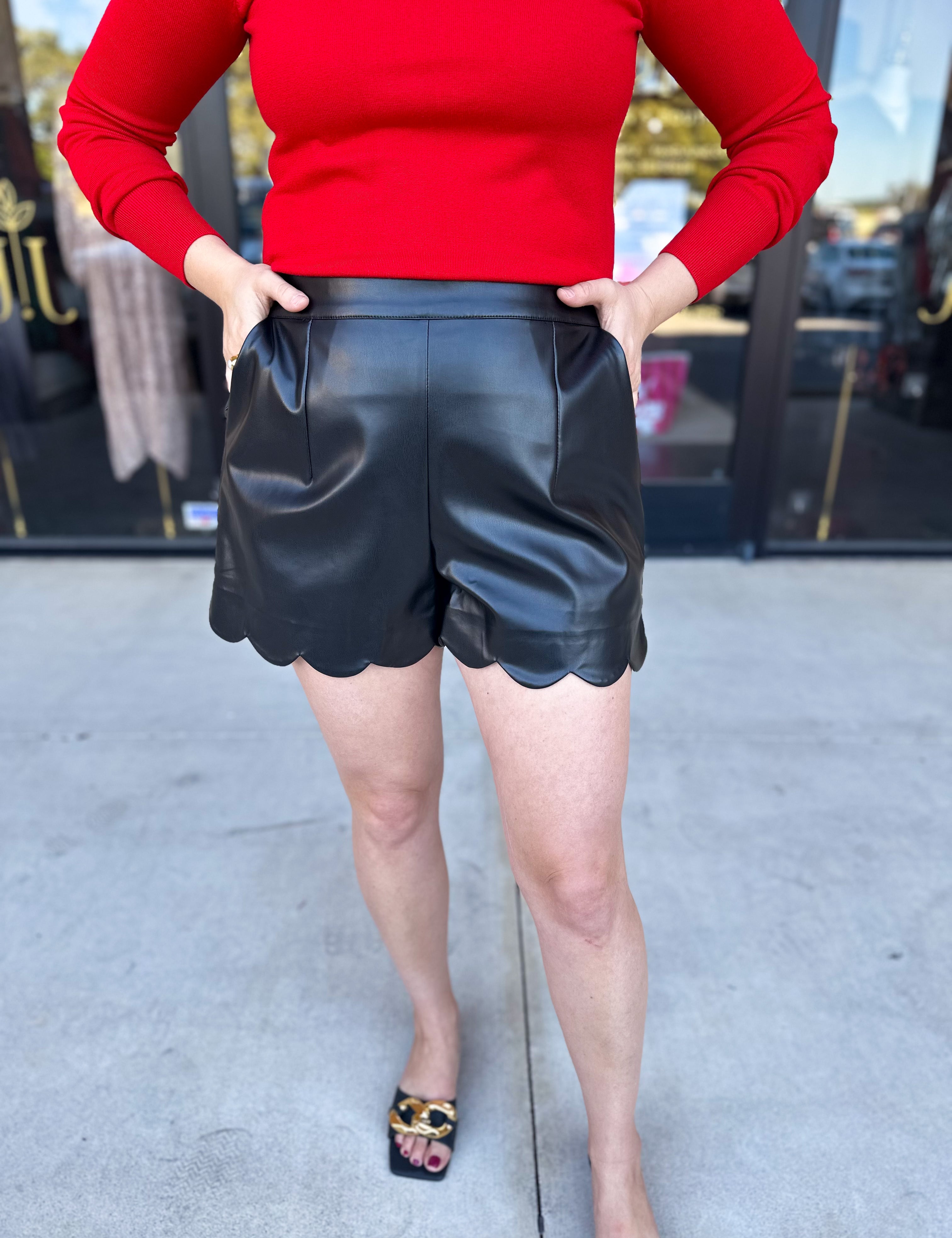 Scalloped Black Faux Leather Shorts-410 Shorts/Skirts-JODIFL-July & June Women's Fashion Boutique Located in San Antonio, Texas