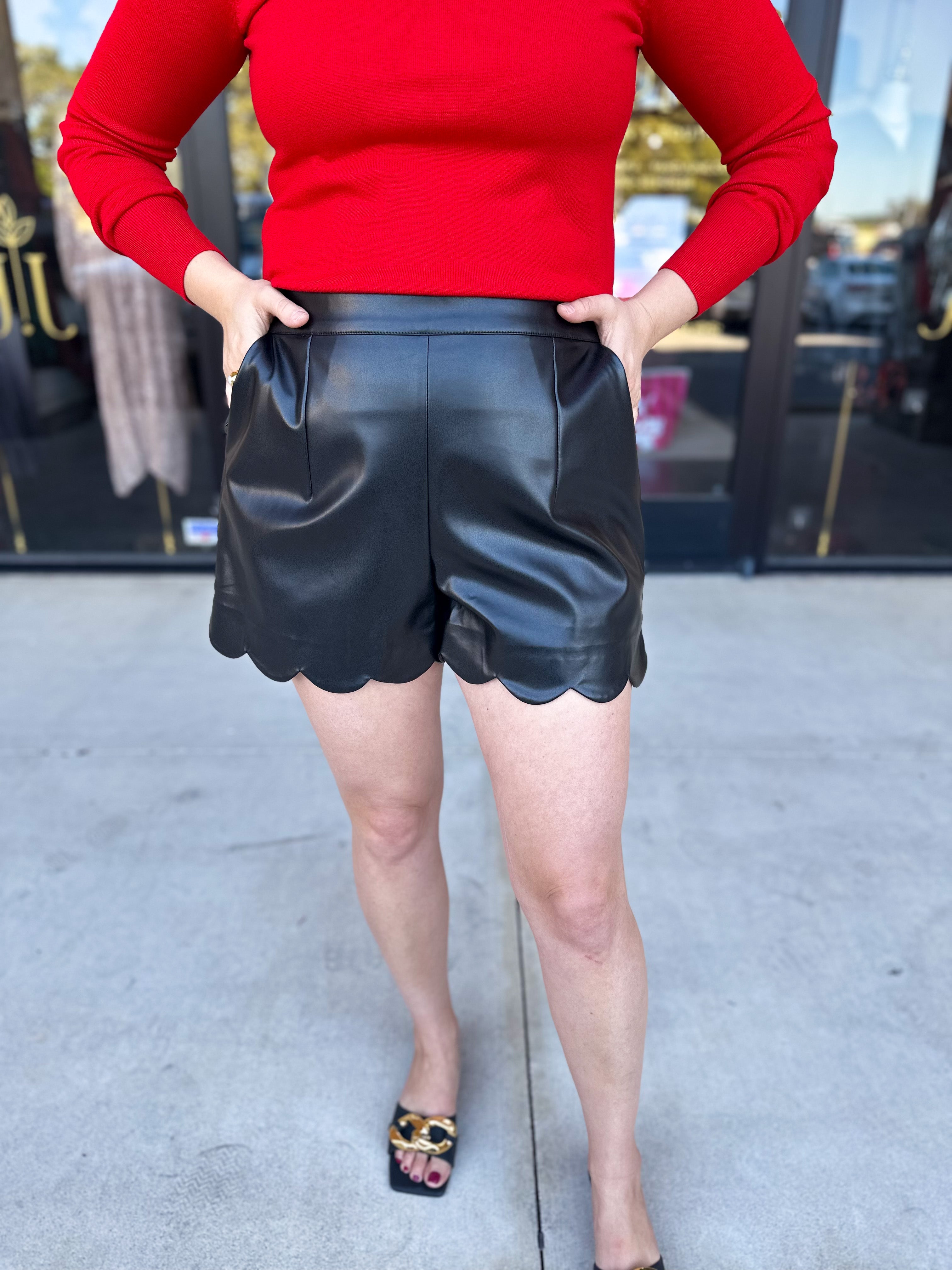 Scalloped Black Faux Leather Shorts-410 Shorts/Skirts-JODIFL-July & June Women's Fashion Boutique Located in San Antonio, Texas