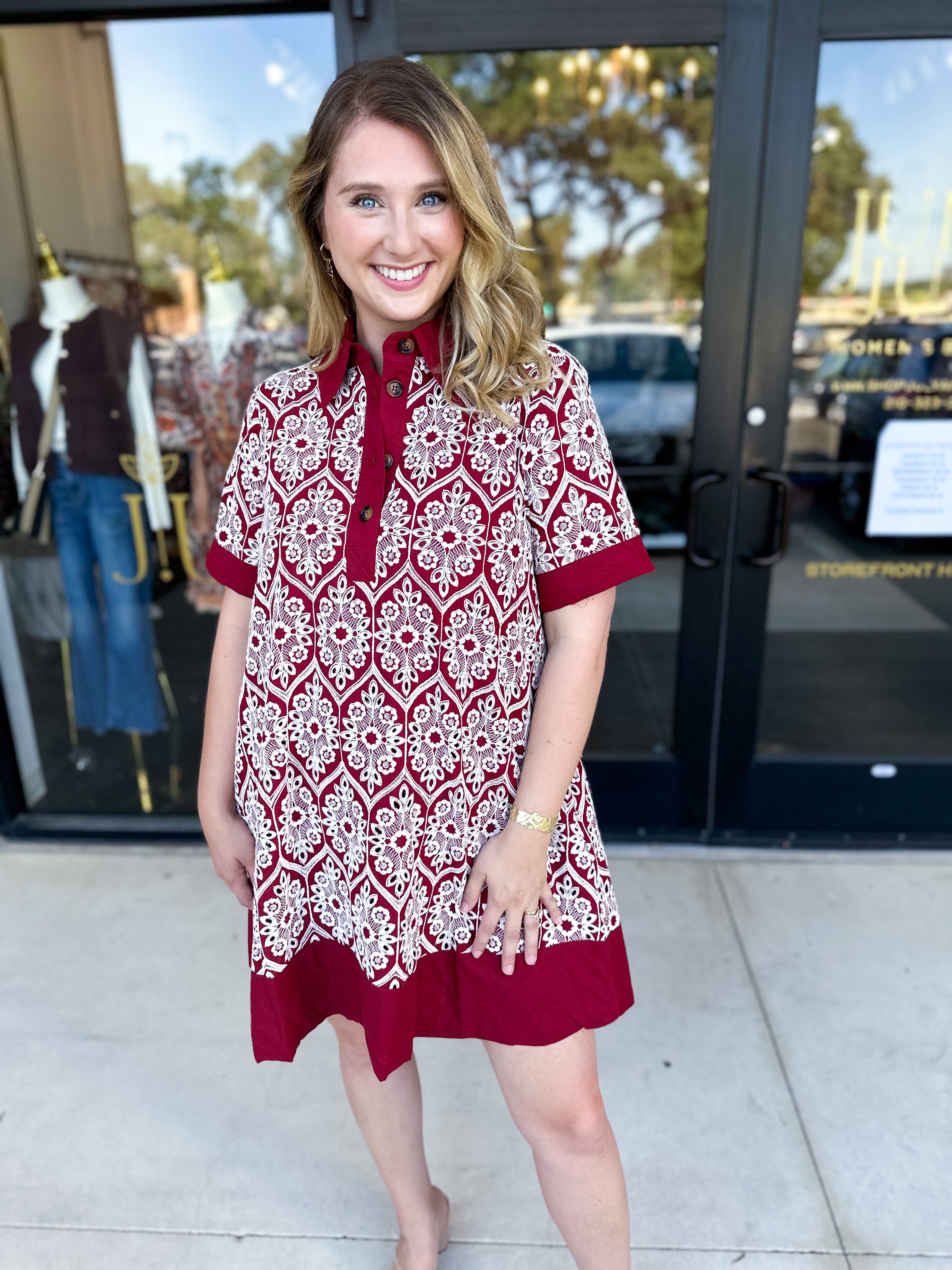 Burgundy Embroidered Mini Dress-510 Mini-ENTRO-July & June Women's Fashion Boutique Located in San Antonio, Texas