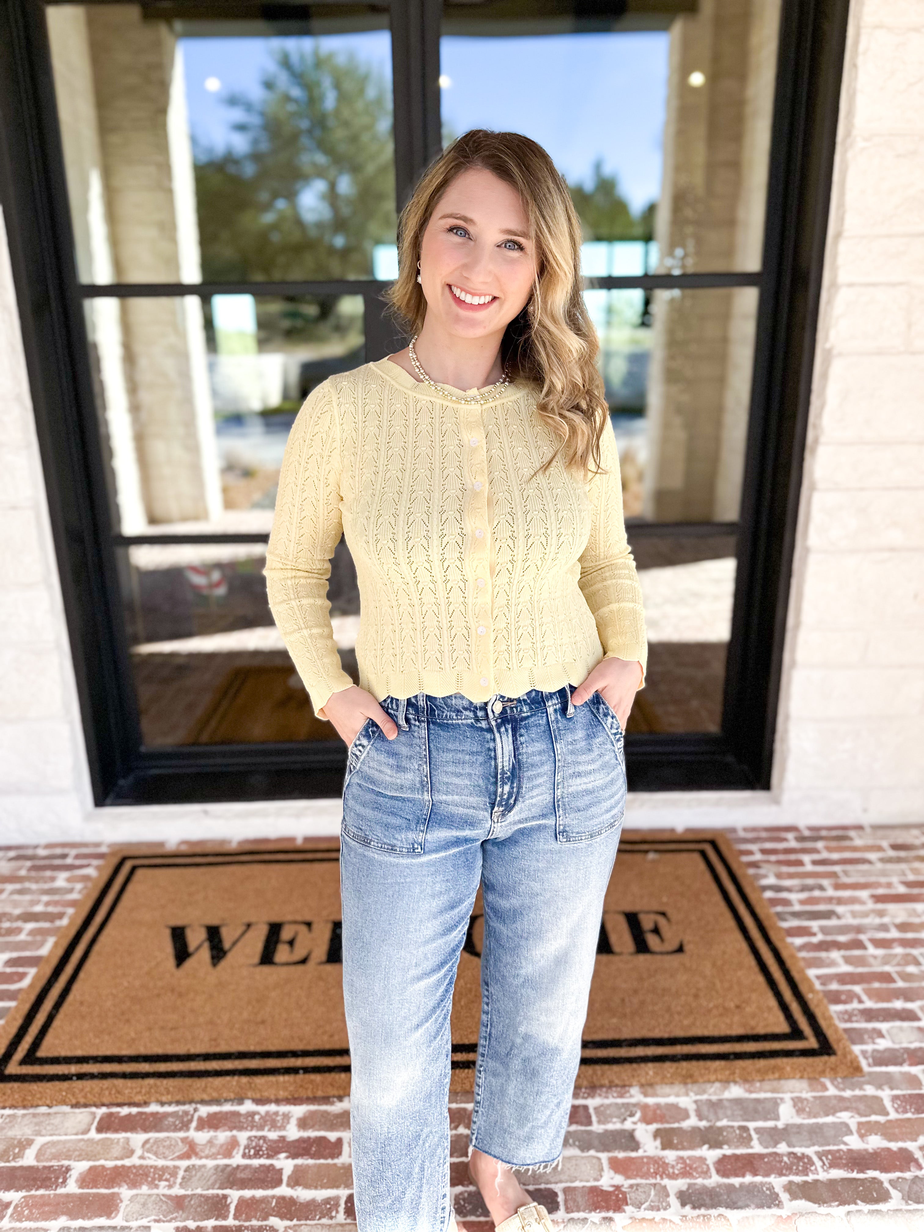 Pointelle Cardigan - Butter Yellow-230 Sweaters/Cardis-ALLIE ROSE-July & June Women's Fashion Boutique Located in San Antonio, Texas