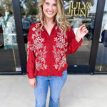 Elara Embroidered Blouse - Rust-200 Fashion Blouses-ENTRO-July & June Women's Fashion Boutique Located in San Antonio, Texas