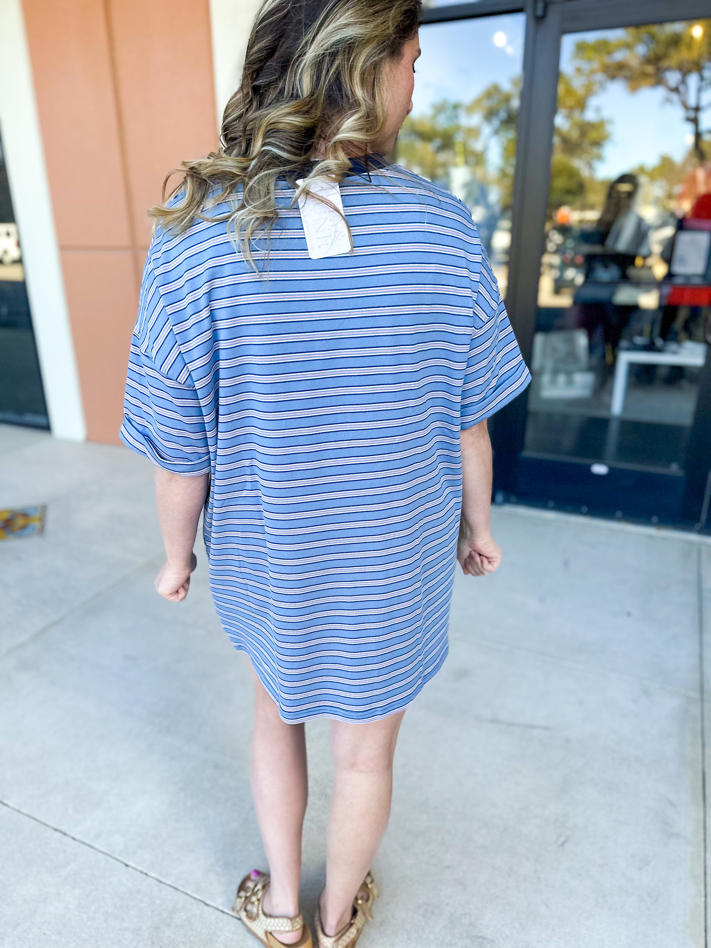 Oversized T-Shirt Mini Dress - Blue-510 Mini-VEVERET CLOTHING-July & June Women's Fashion Boutique Located in San Antonio, Texas