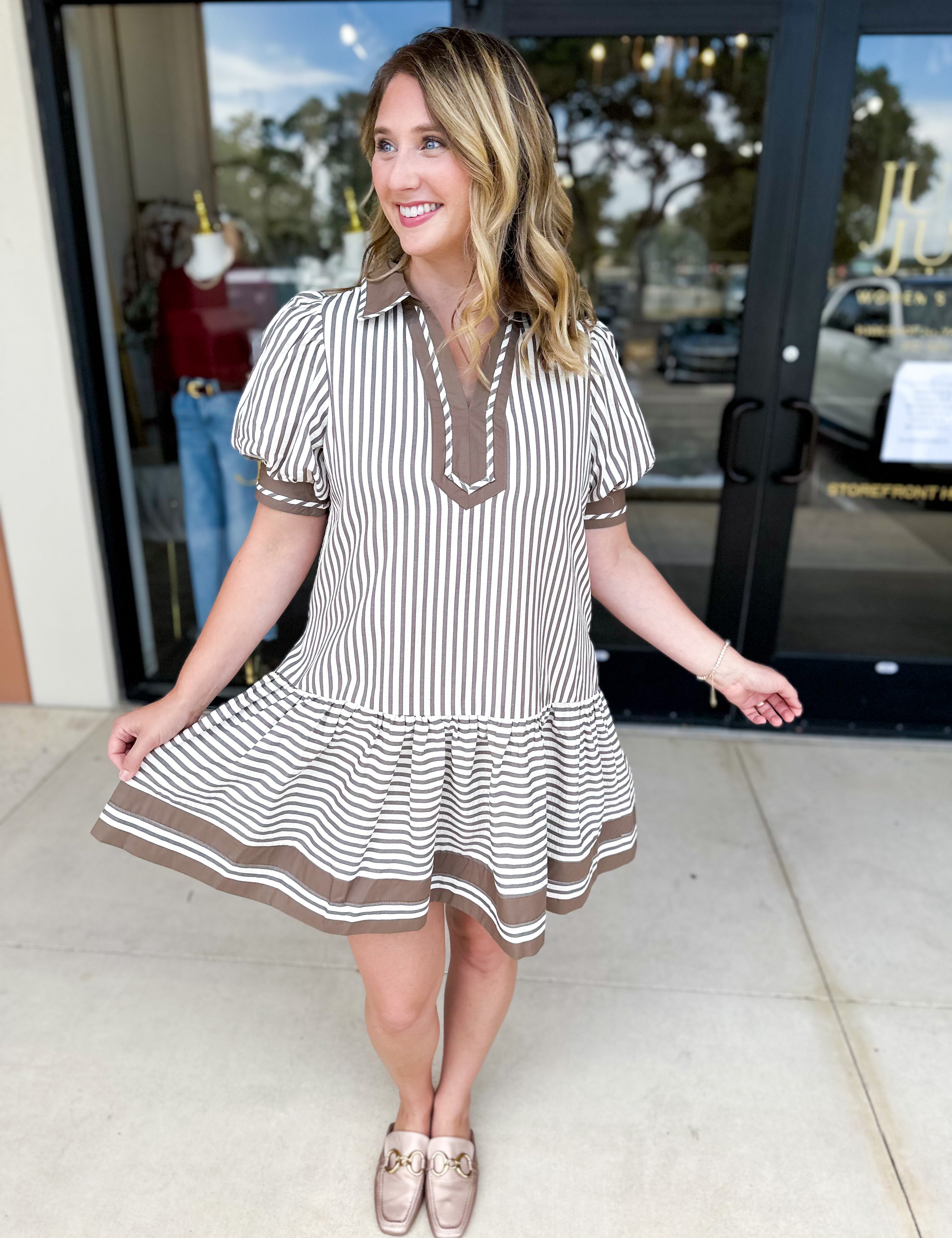 Mocha Stripe Mini Dress-510 Mini-ENTRO-July & June Women's Fashion Boutique Located in San Antonio, Texas