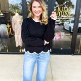Scalloped Edges Sweater - Black-230 Sweaters/Cardis-ENTRO-July & June Women's Fashion Boutique Located in San Antonio, Texas