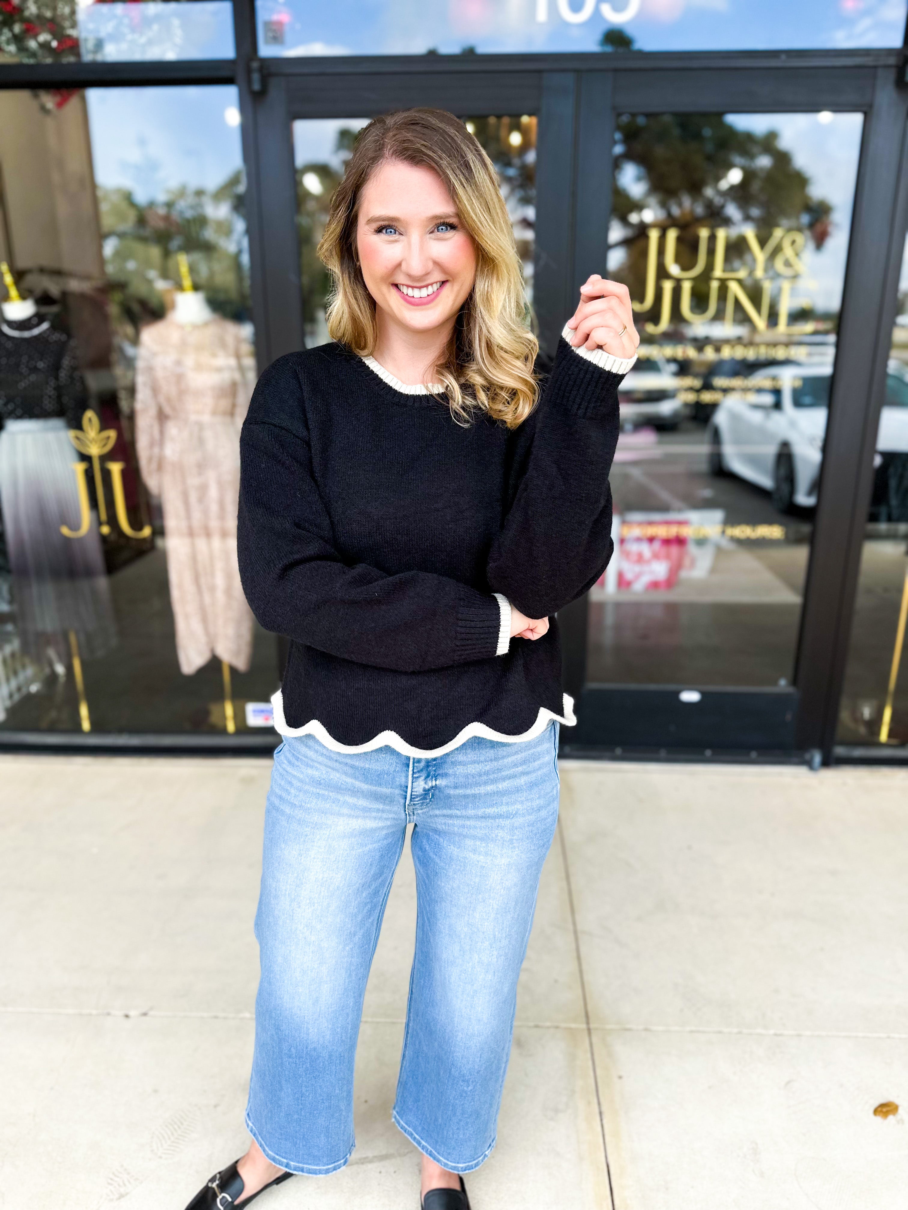 Scalloped Edges Sweater - Black-230 Sweaters/Cardis-ENTRO-July & June Women's Fashion Boutique Located in San Antonio, Texas