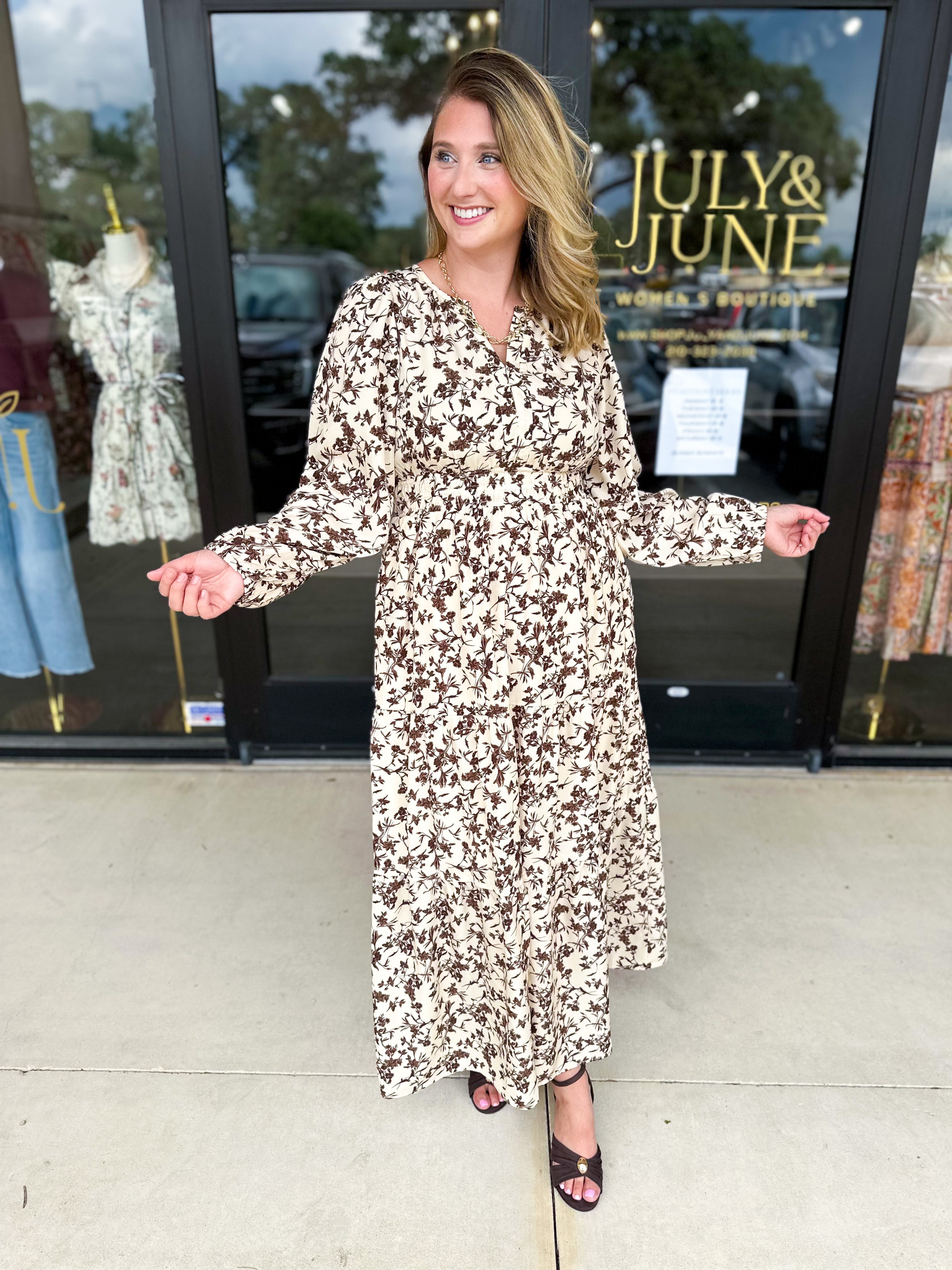 Fall Days Floral Midi Dress-500 Midi-POLOGRAM-July & June Women's Fashion Boutique Located in San Antonio, Texas
