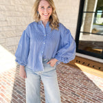 Pinstripe Bubble Sleeve Blouse - Baby Blue-200 Fashion Blouses-FATE-July & June Women's Fashion Boutique Located in San Antonio, Texas