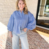 Pinstripe Bubble Sleeve Blouse - Baby Blue-200 Fashion Blouses-FATE-July & June Women's Fashion Boutique Located in San Antonio, Texas
