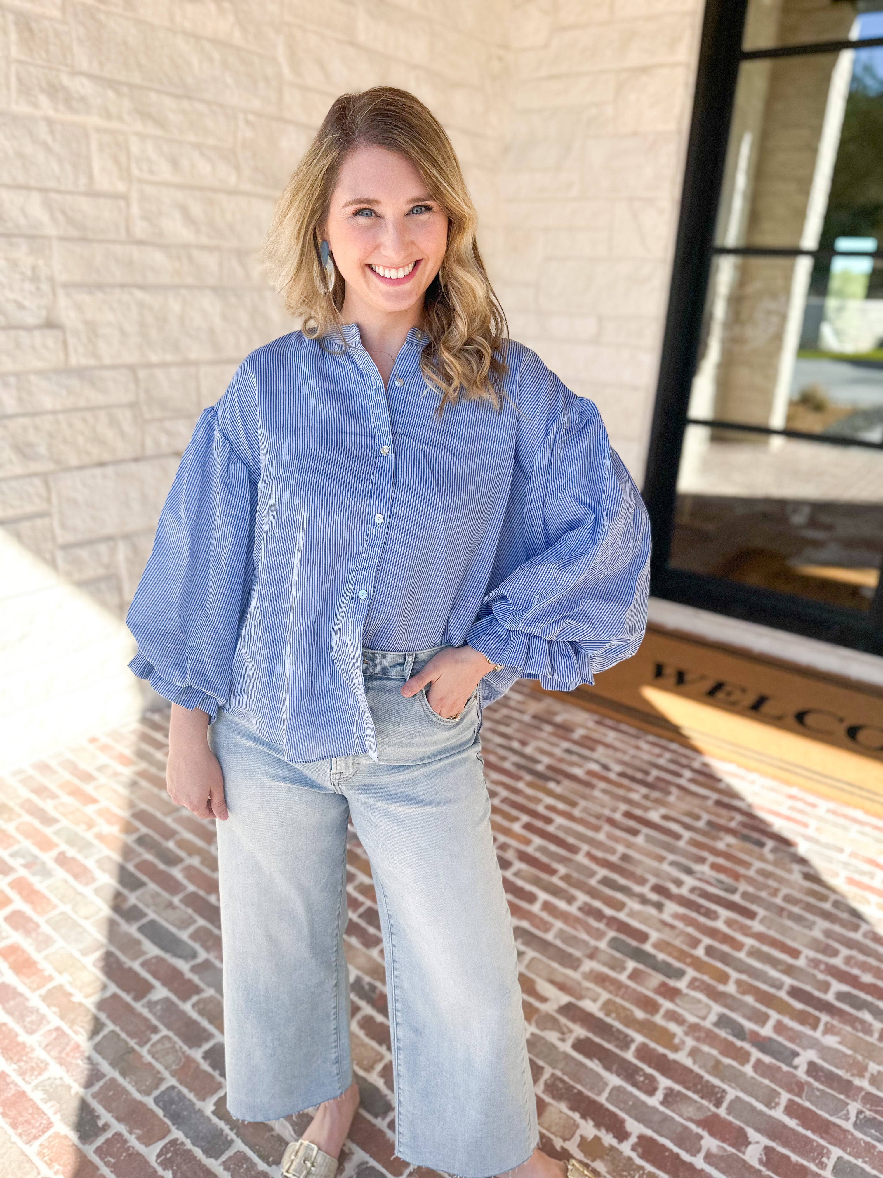 Pinstripe Bubble Sleeve Blouse - Baby Blue-200 Fashion Blouses-FATE-July & June Women's Fashion Boutique Located in San Antonio, Texas