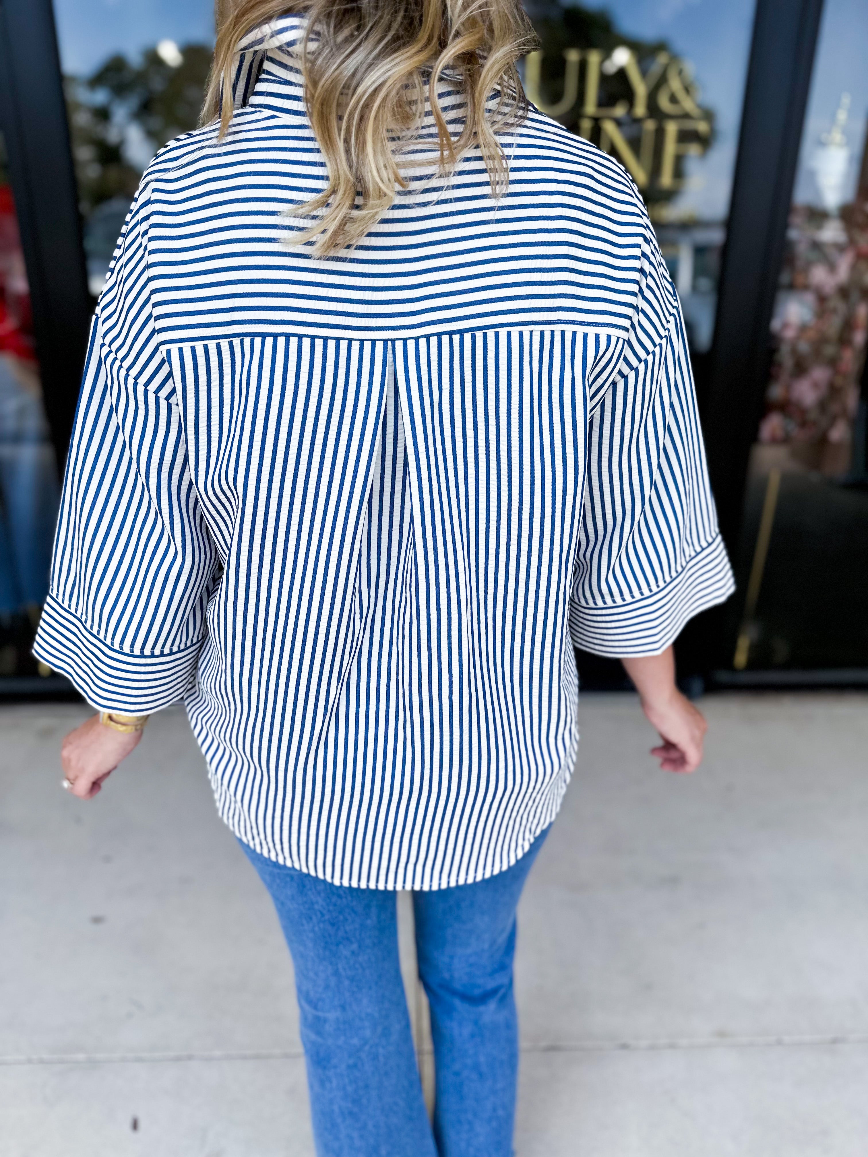 Chic Stripe Blouse - Indigo-200 Fashion Blouses-ENTRO-July & June Women's Fashion Boutique Located in San Antonio, Texas