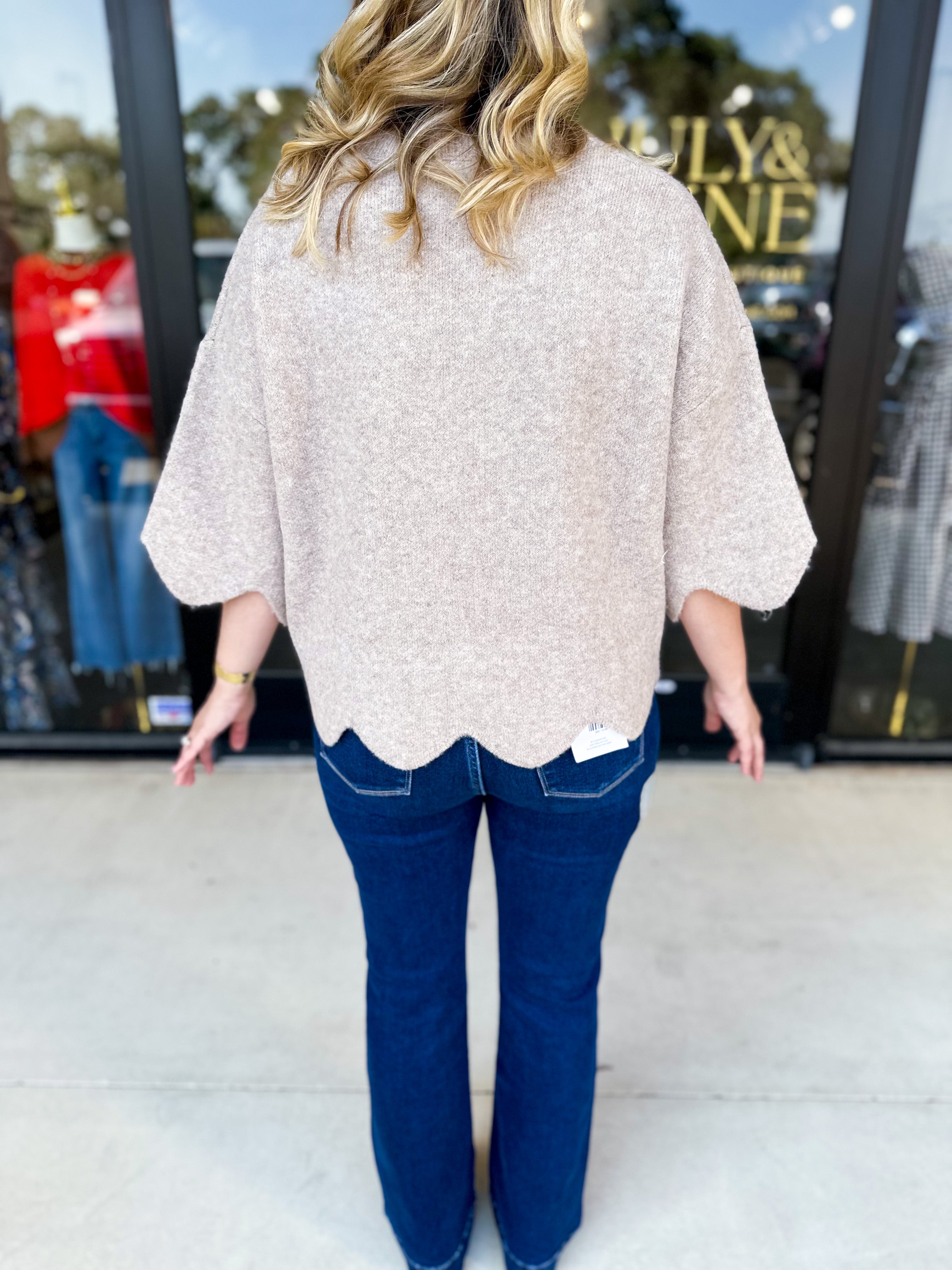 Scalloped Sweater Top - Taupe-230 Sweaters/Cardis-ENTRO-July & June Women's Fashion Boutique Located in San Antonio, Texas