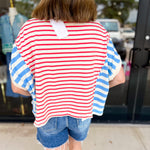 Blue & Red Colorblock Tee-210 Casual Blouses-PEACH LOVE-July & June Women's Fashion Boutique Located in San Antonio, Texas