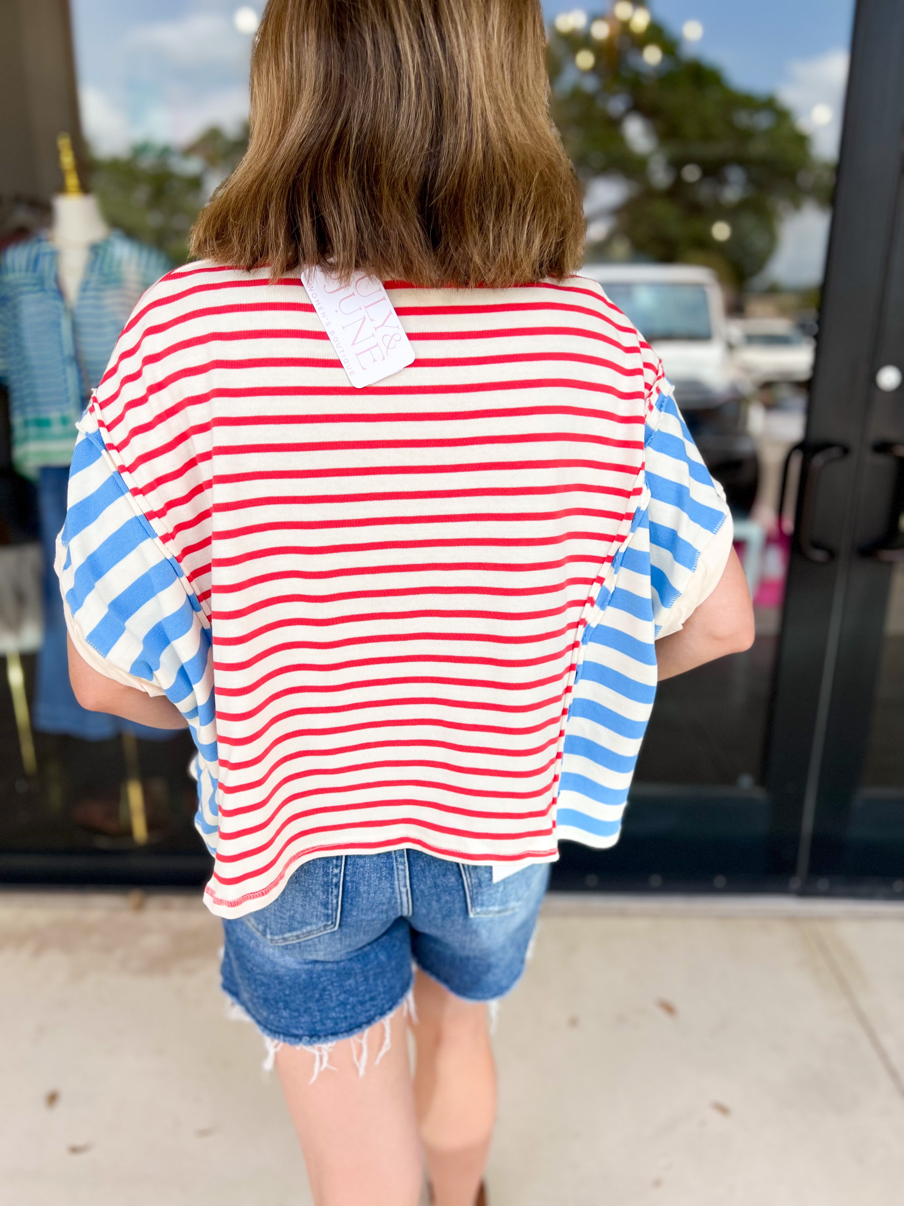 Blue & Red Colorblock Tee-210 Casual Blouses-PEACH LOVE-July & June Women's Fashion Boutique Located in San Antonio, Texas