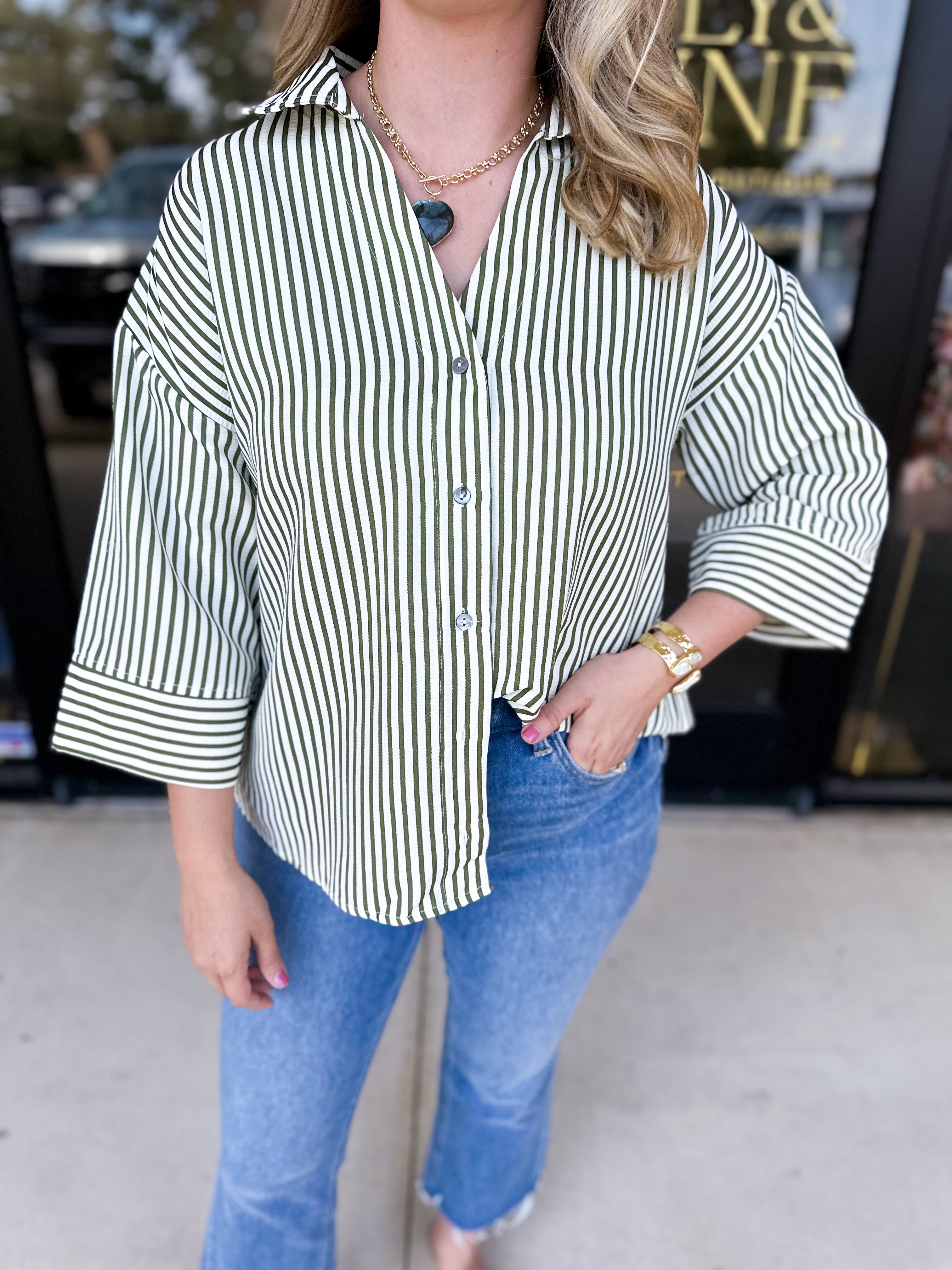 Chic Stripe Blouse - Olive-200 Fashion Blouses-ENTRO-July & June Women's Fashion Boutique Located in San Antonio, Texas