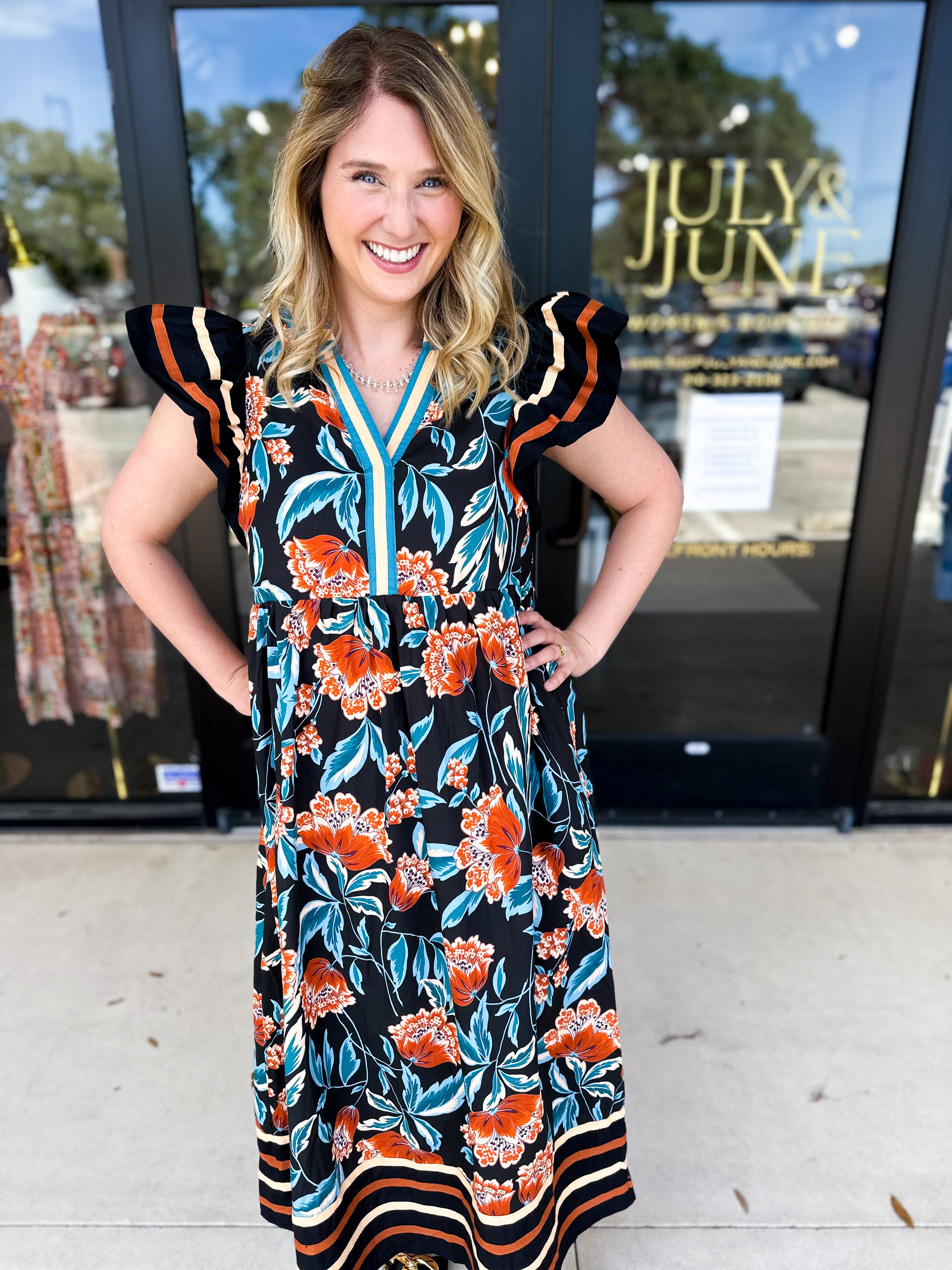 Deep Tones Floral Midi Dress-500 Midi-ENTRO-July & June Women's Fashion Boutique Located in San Antonio, Texas