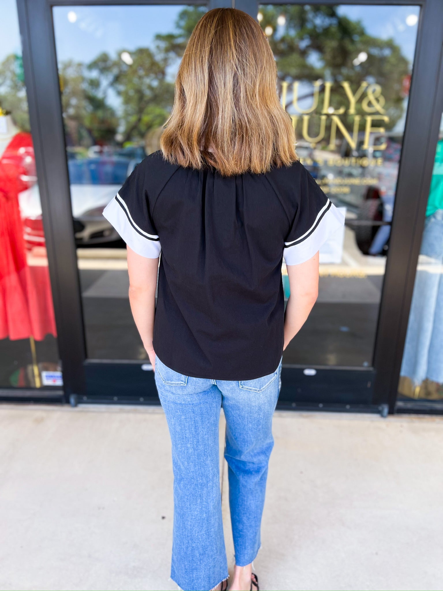 THML - Classy Varsity Stripe Blouse-200 Fashion Blouses-THML-July & June Women's Fashion Boutique Located in San Antonio, Texas