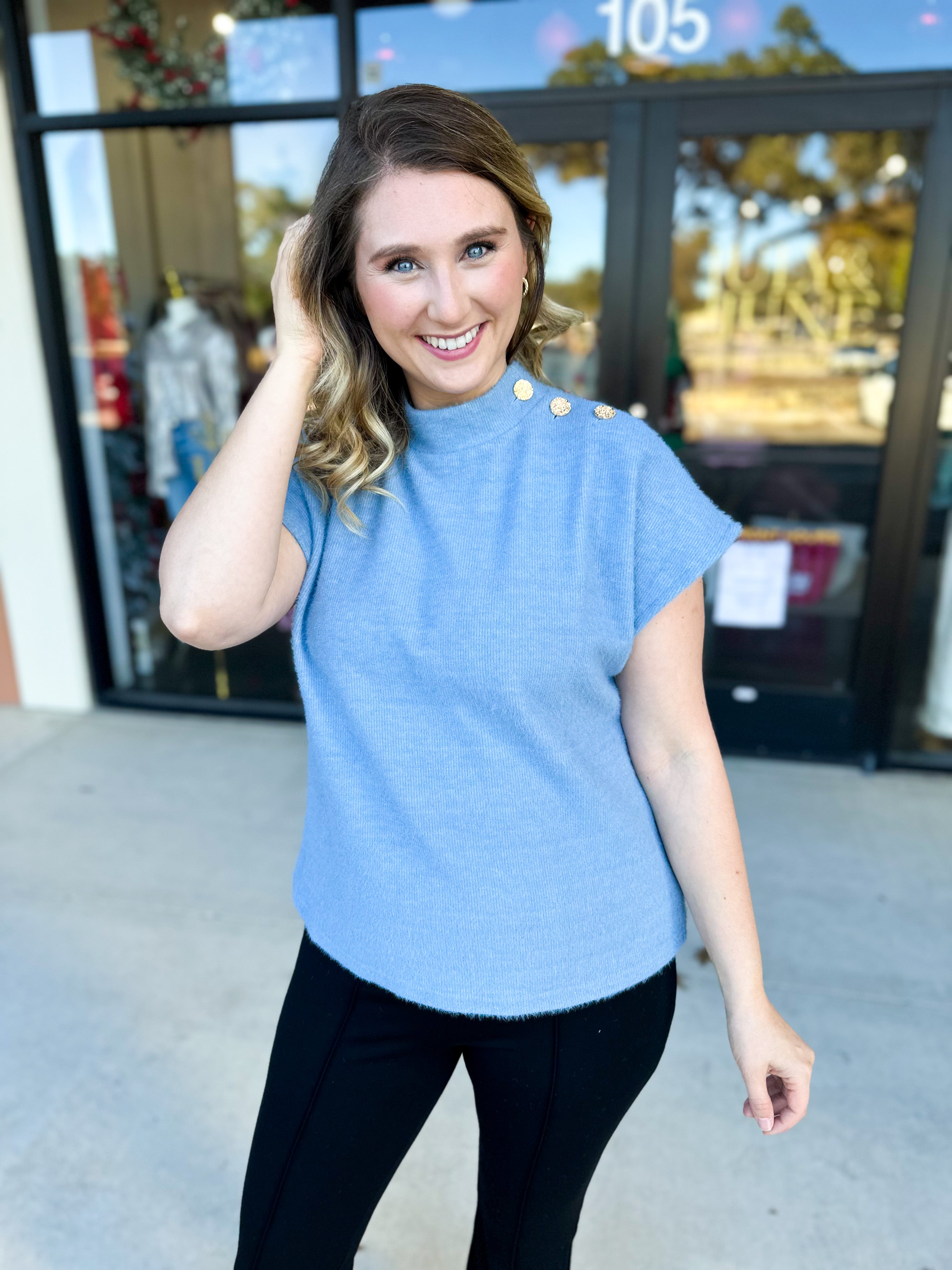 THML - Mock Neck Fuzzy Sweater Top - Ice Blue-230 Sweaters/Cardis-THML-July & June Women's Fashion Boutique Located in San Antonio, Texas