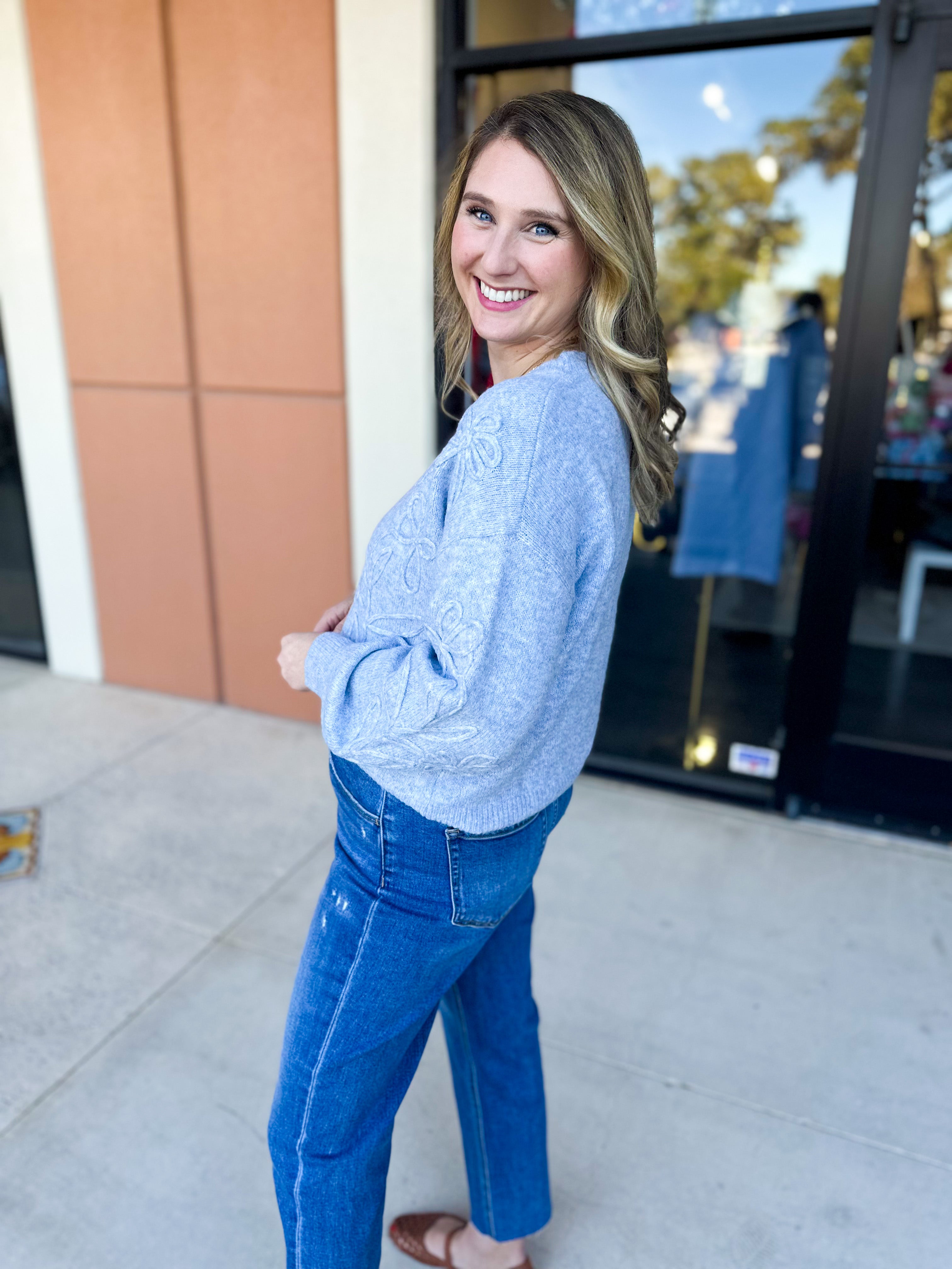 Heather Blue Floral Sweater-230 Sweaters/Cardis-ALLIE ROSE-July & June Women's Fashion Boutique Located in San Antonio, Texas
