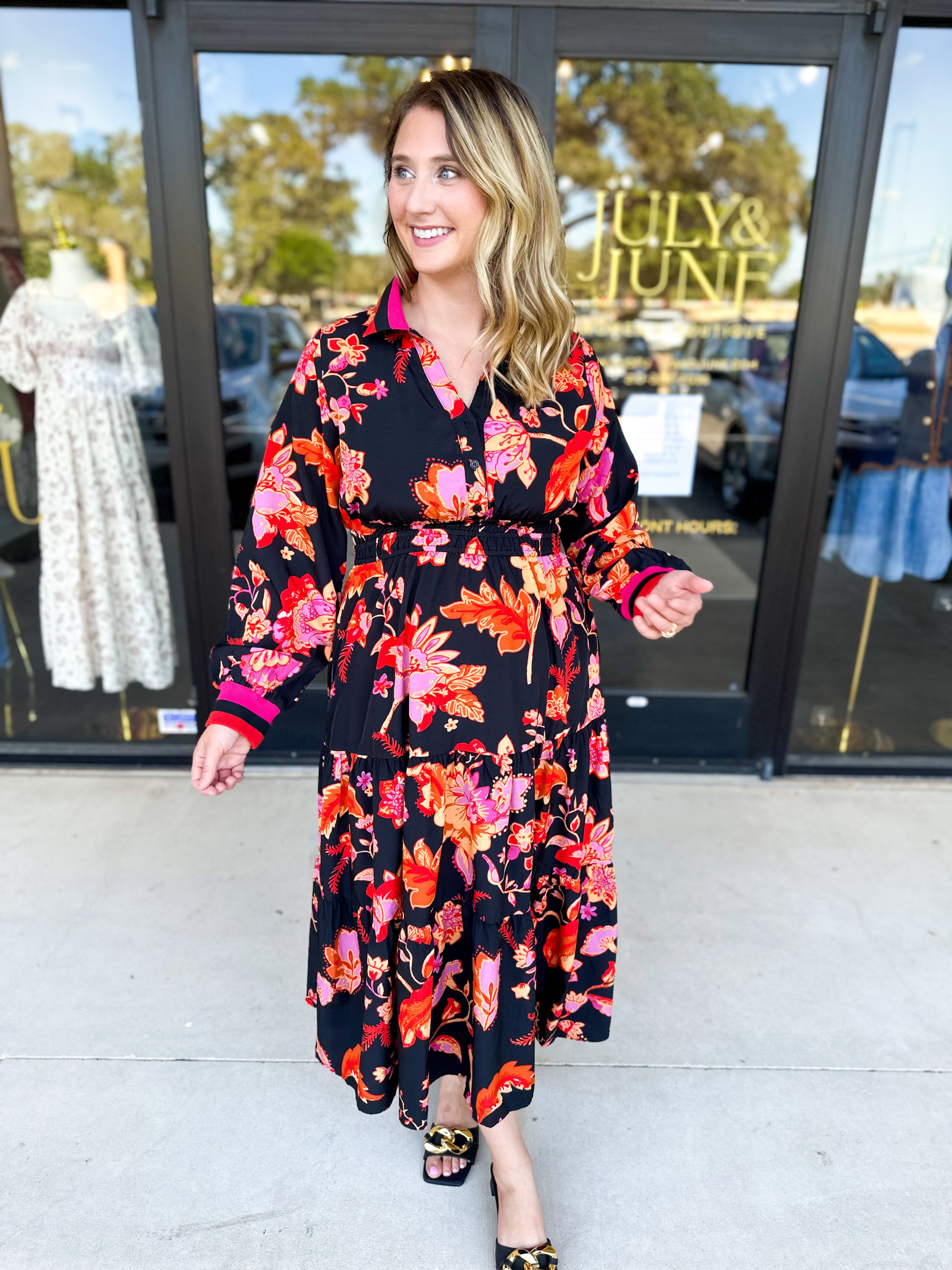 Bold Paisley Floral Print Midi Dress-500 Midi-JODIFL-July & June Women's Fashion Boutique Located in San Antonio, Texas