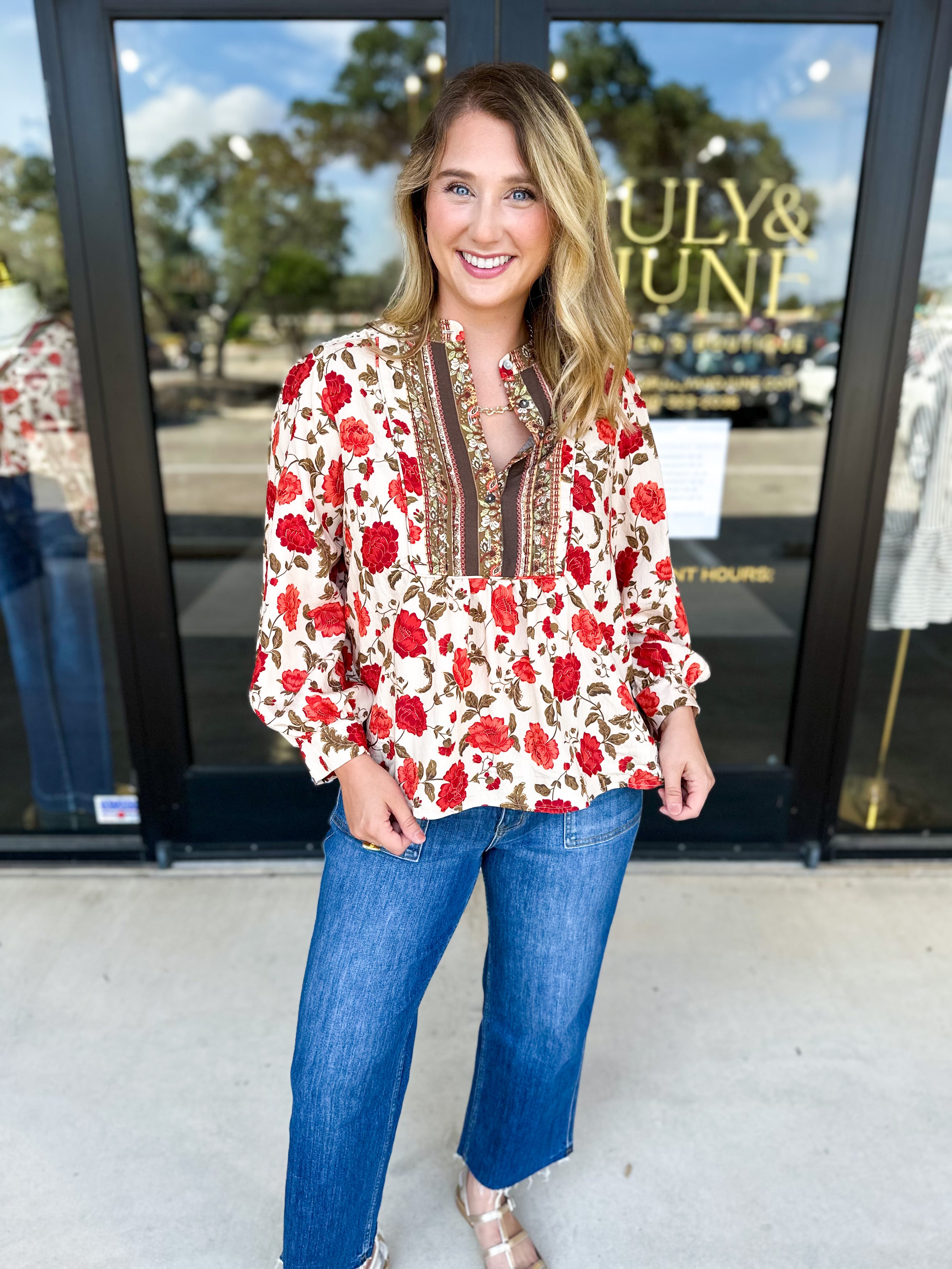 Autumn Floral Blouse-200 Fashion Blouses-ENTRO-July & June Women's Fashion Boutique Located in San Antonio, Texas