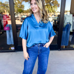 Pink Friday Doorbuster - Classic Satin Blouse - Blue - ONLINE-PINK FRIDAY DOORBUSTERS-GLAM-July & June Women's Fashion Boutique Located in San Antonio, Texas