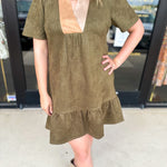THML - Olive & Tan Suede Mini Dress-510 Mini-THML-July & June Women's Fashion Boutique Located in San Antonio, Texas