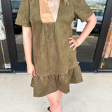 THML - Olive & Tan Suede Mini Dress-510 Mini-THML-July & June Women's Fashion Boutique Located in San Antonio, Texas