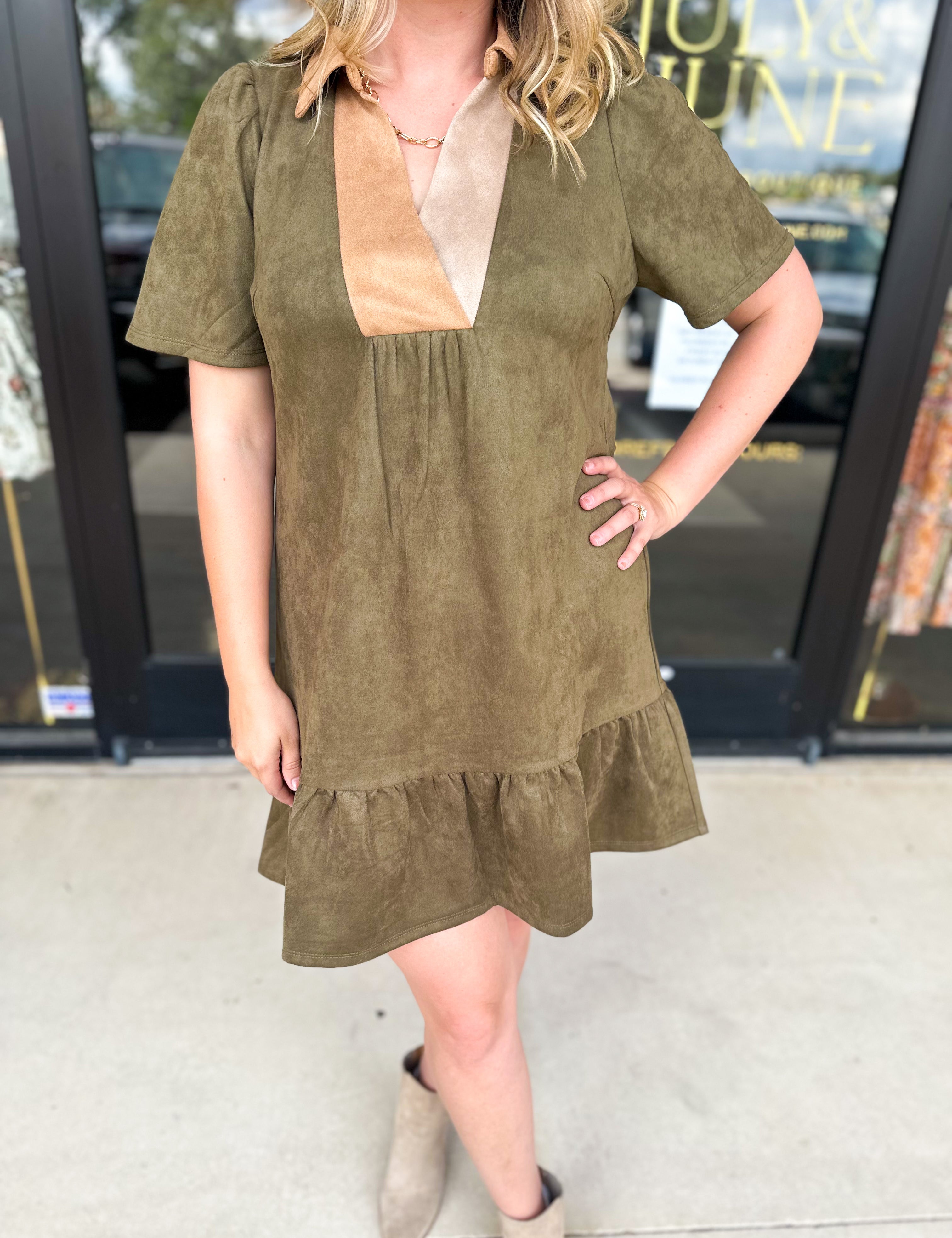 THML - Olive & Tan Suede Mini Dress-510 Mini-THML-July & June Women's Fashion Boutique Located in San Antonio, Texas