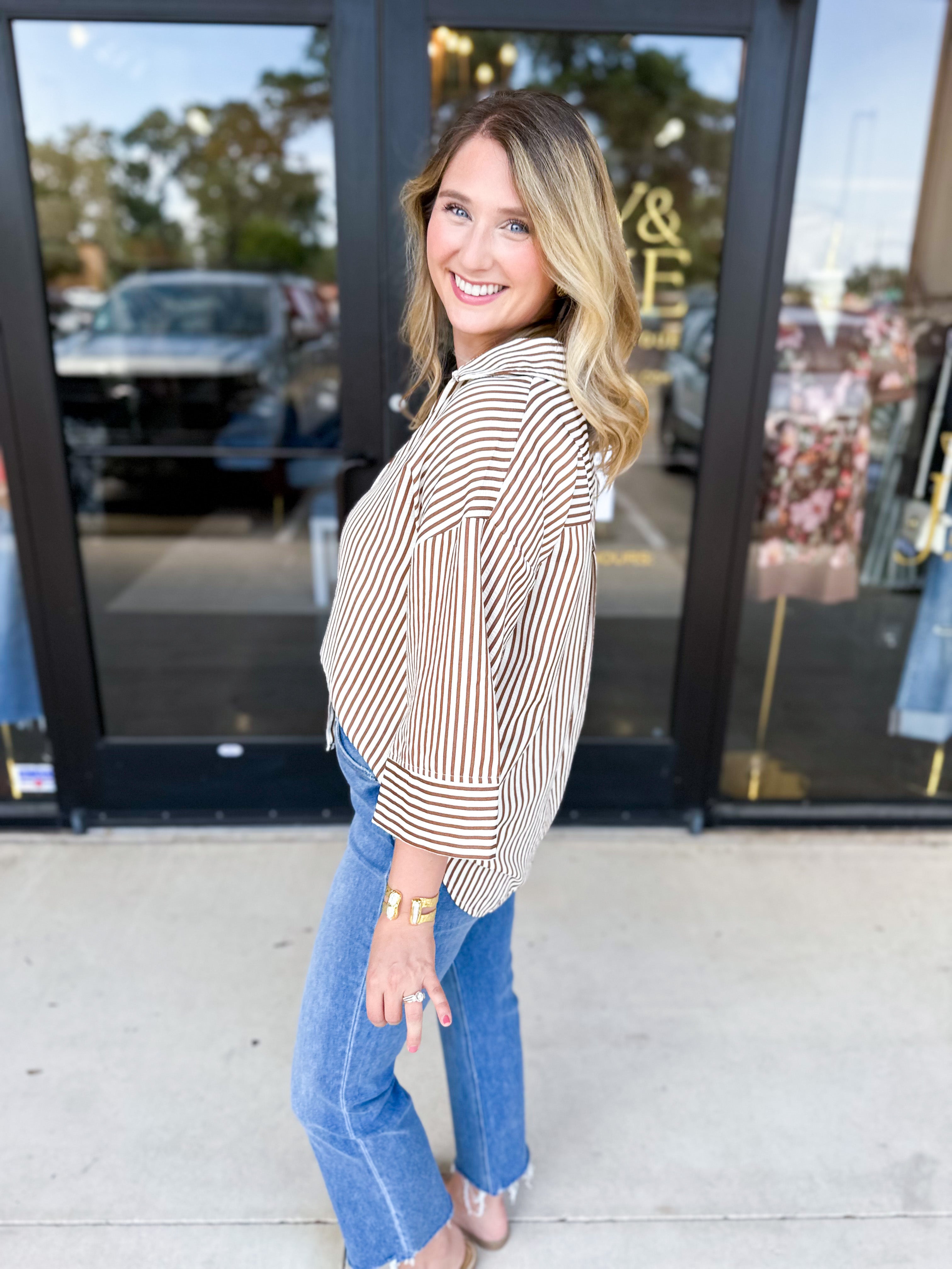 Chic Stripe Blouse - Brown-200 Fashion Blouses-ENTRO-July & June Women's Fashion Boutique Located in San Antonio, Texas