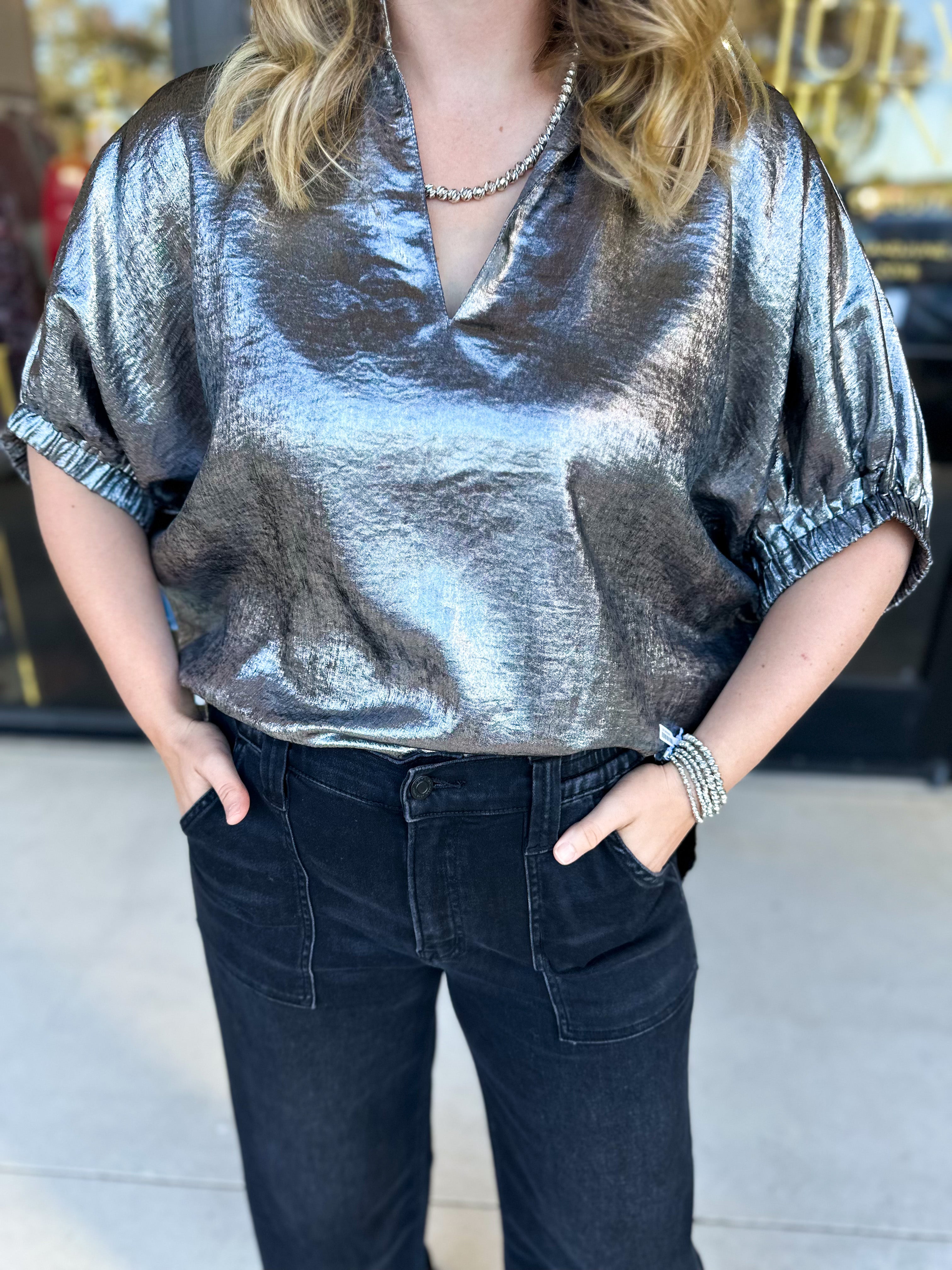 Celebration Blouse - Chrome-200 Fashion Blouses-ENTRO-July & June Women's Fashion Boutique Located in San Antonio, Texas