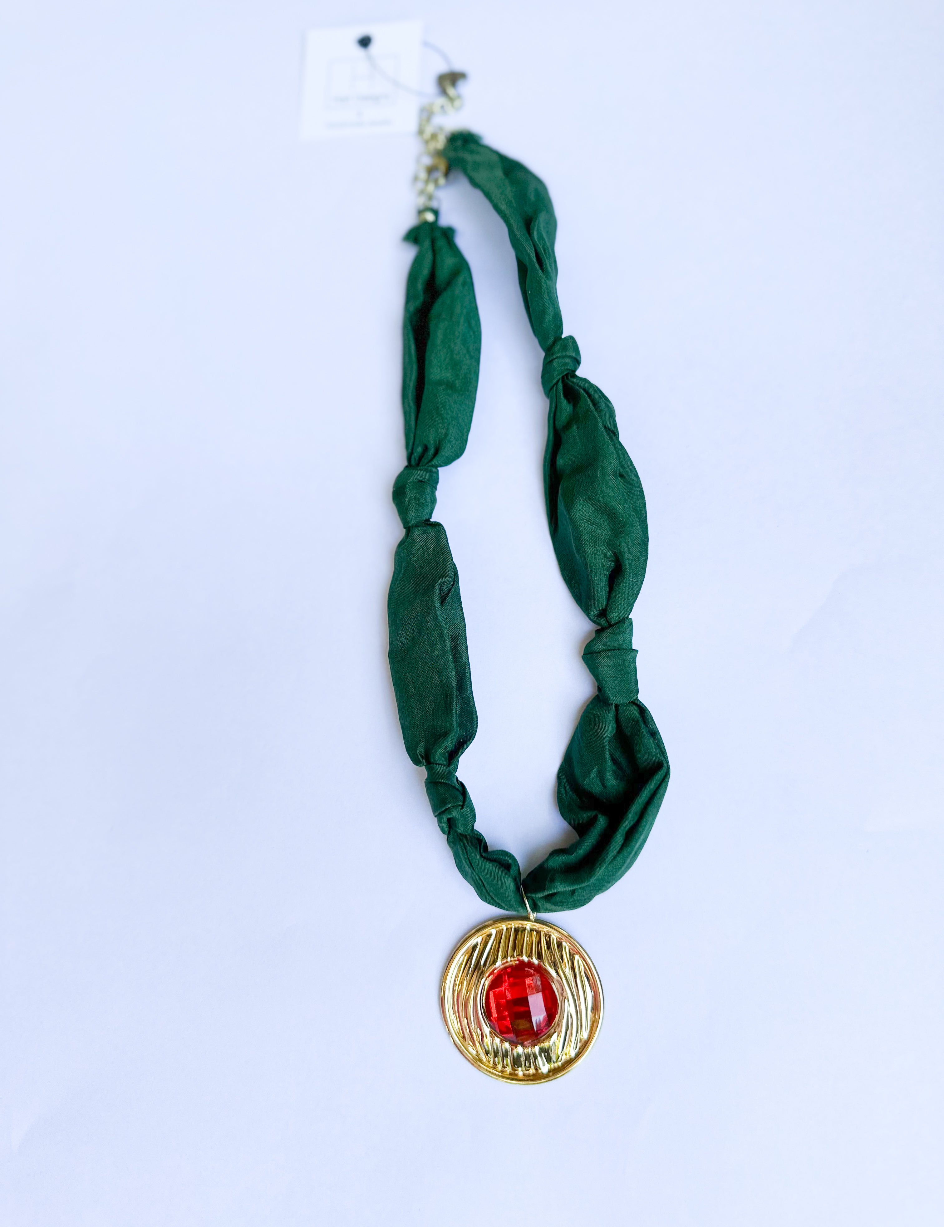 Scarf Necklace - Deep Green & Red Circle-110 Jewelry & Hair-HART DESIGNS-July & June Women's Fashion Boutique Located in San Antonio, Texas