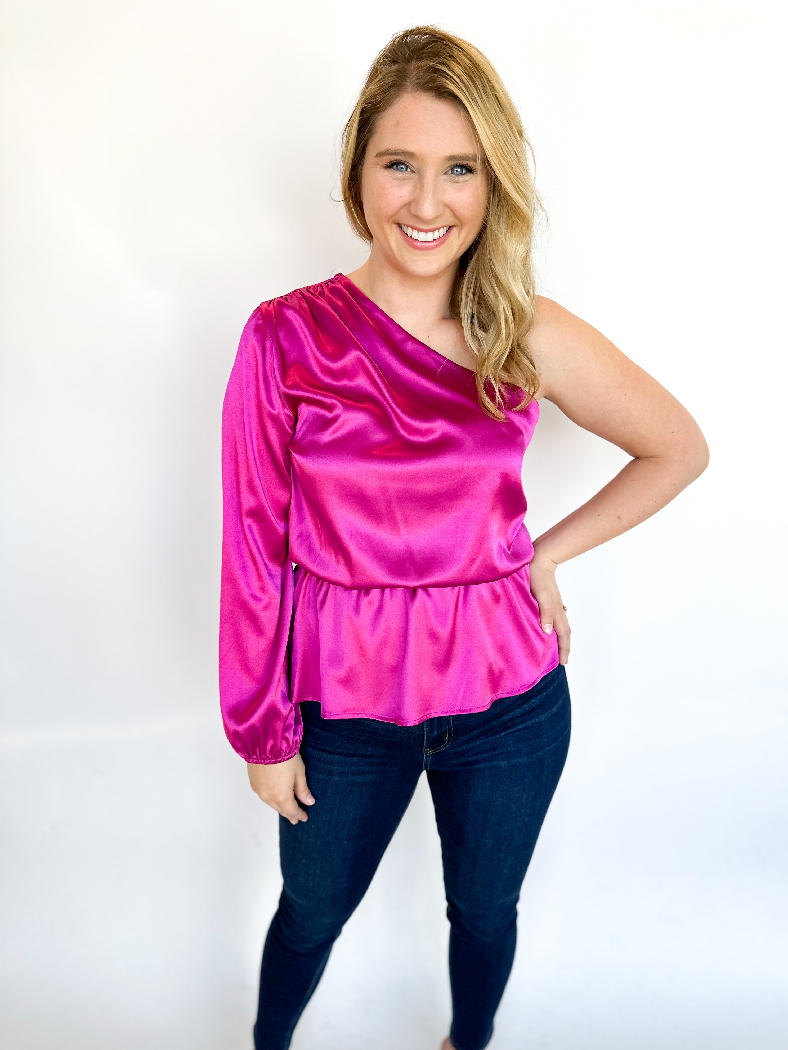 One Shoulder Party Blouse - Hot Pink-200 Fashion Blouses-ADRIENNE-July & June Women's Fashion Boutique Located in San Antonio, Texas