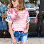 Blue & Red Colorblock Tee-210 Casual Blouses-PEACH LOVE-July & June Women's Fashion Boutique Located in San Antonio, Texas