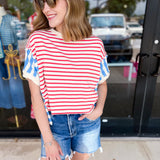 Blue & Red Colorblock Tee-210 Casual Blouses-PEACH LOVE-July & June Women's Fashion Boutique Located in San Antonio, Texas