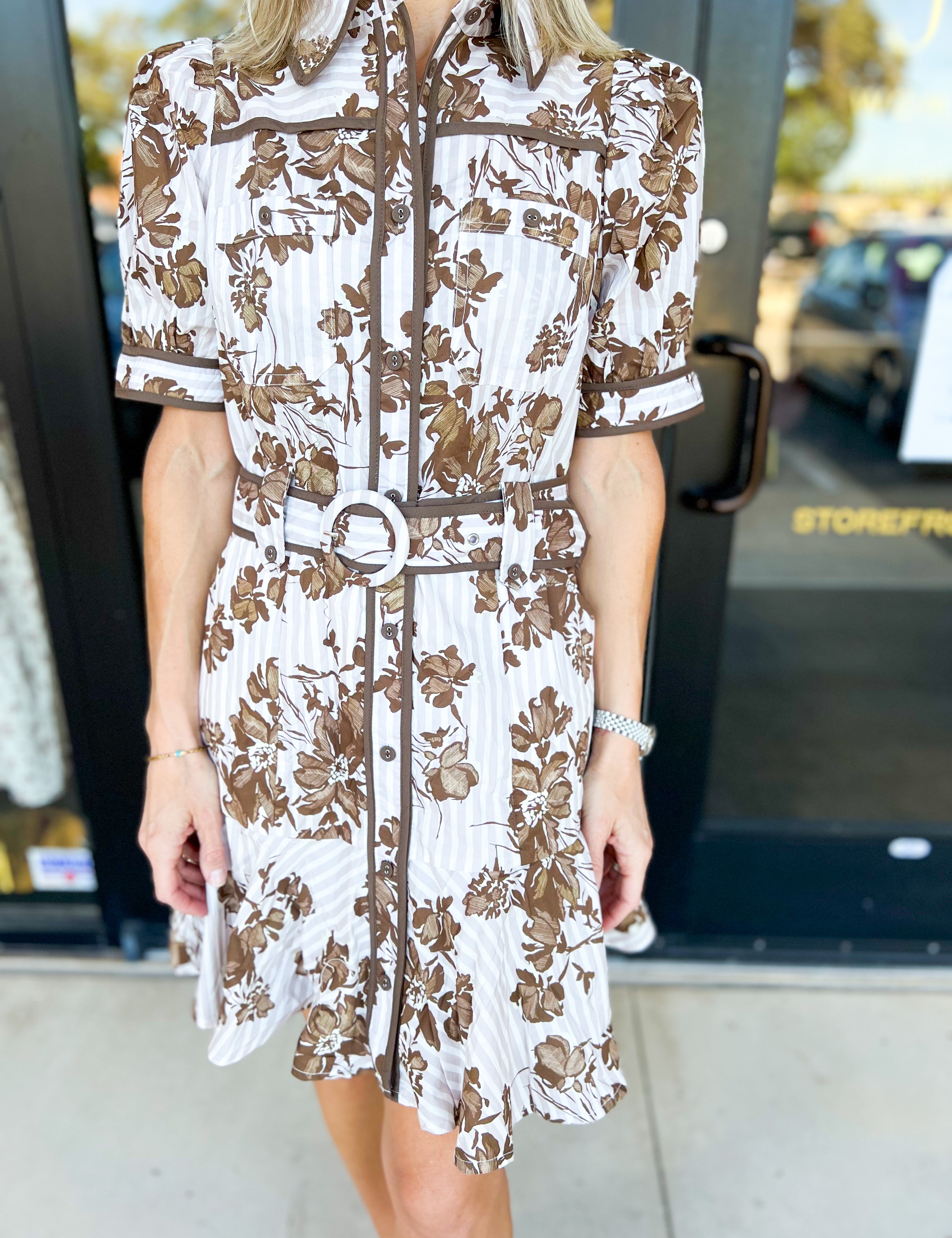 Mocha Floral & Stripe Mini Dress-510 Mini-ENTRO-July & June Women's Fashion Boutique Located in San Antonio, Texas
