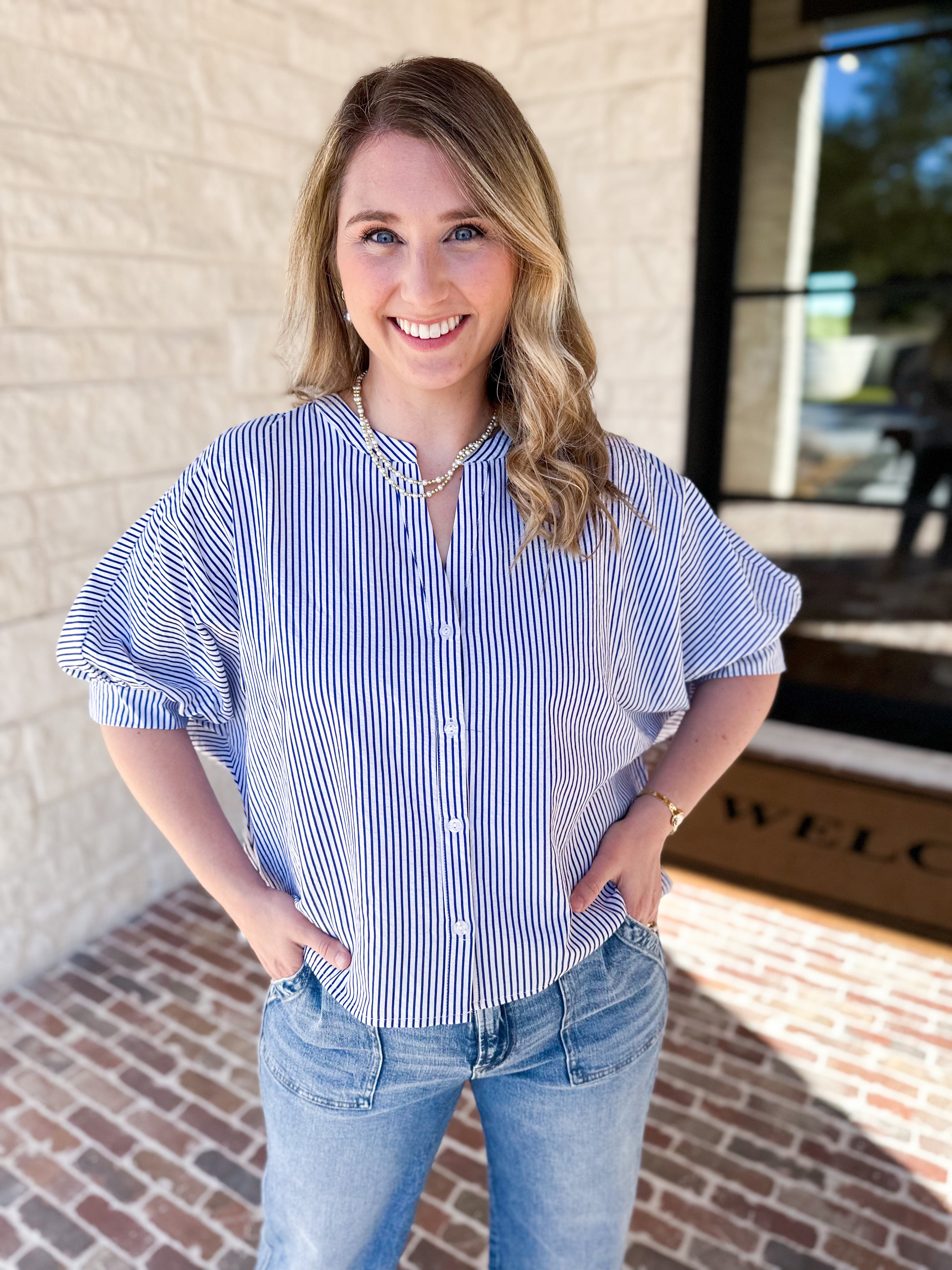 Stripe Dolman Blouse - Navy-200 Fashion Blouses-ALLIE ROSE-July & June Women's Fashion Boutique Located in San Antonio, Texas
