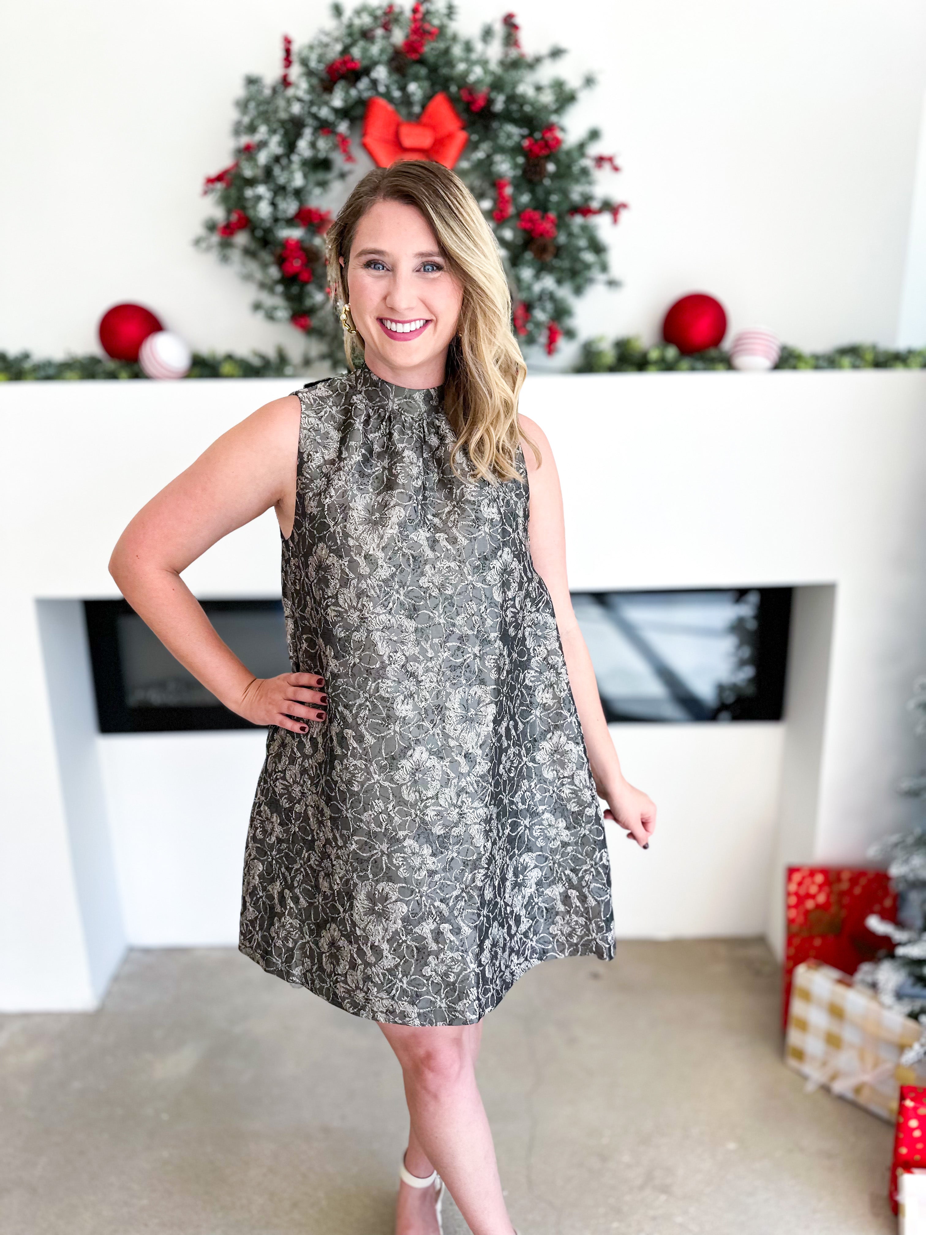 Olive Floral High Neck Mini Dress-510 Mini-FATE-July & June Women's Fashion Boutique Located in San Antonio, Texas