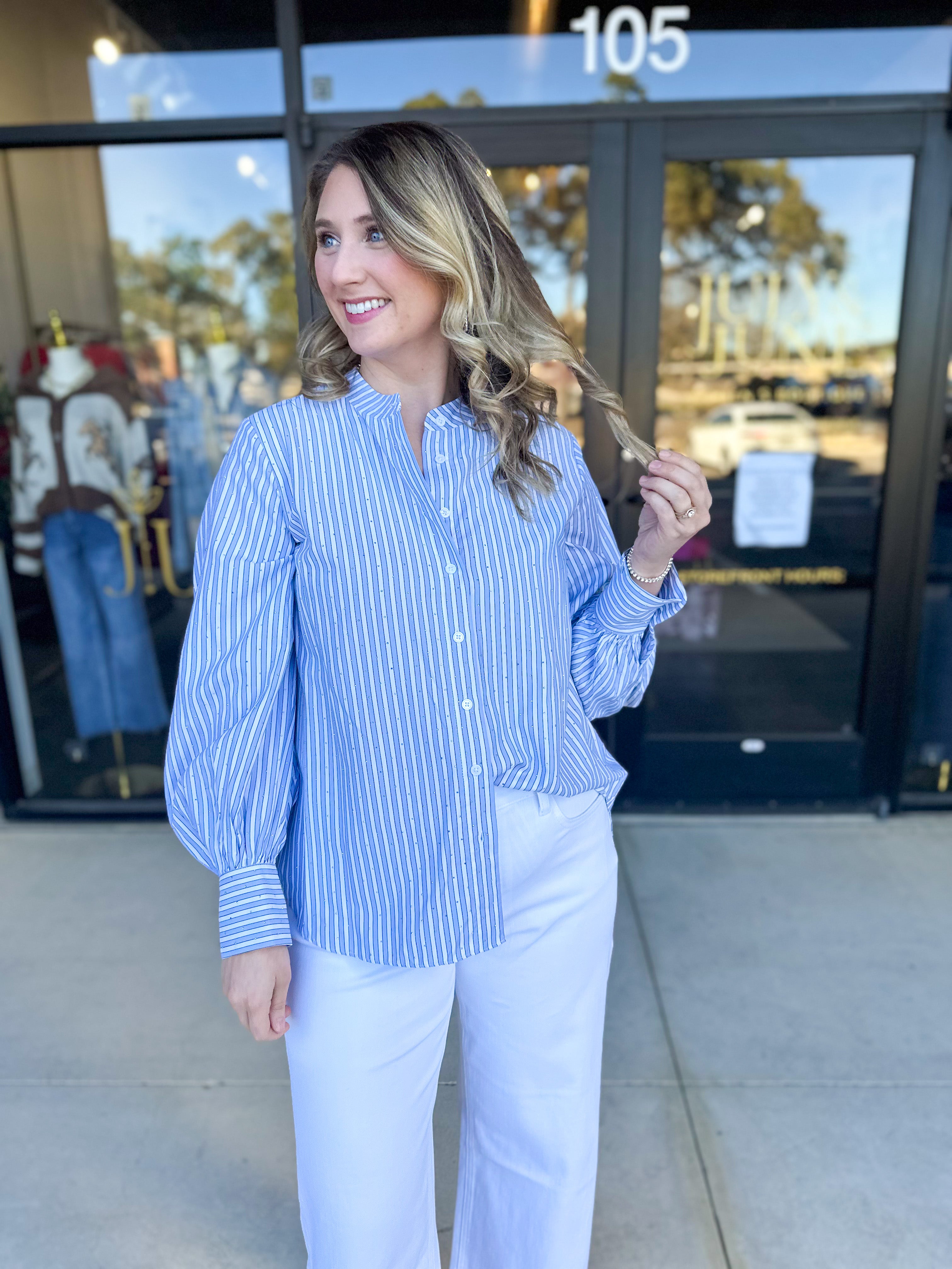 Current Air - Rhinestone Button Down Blouse - Light Blue-200 Fashion Blouses-CURRENT AIR CLOTHING-July & June Women's Fashion Boutique Located in San Antonio, Texas
