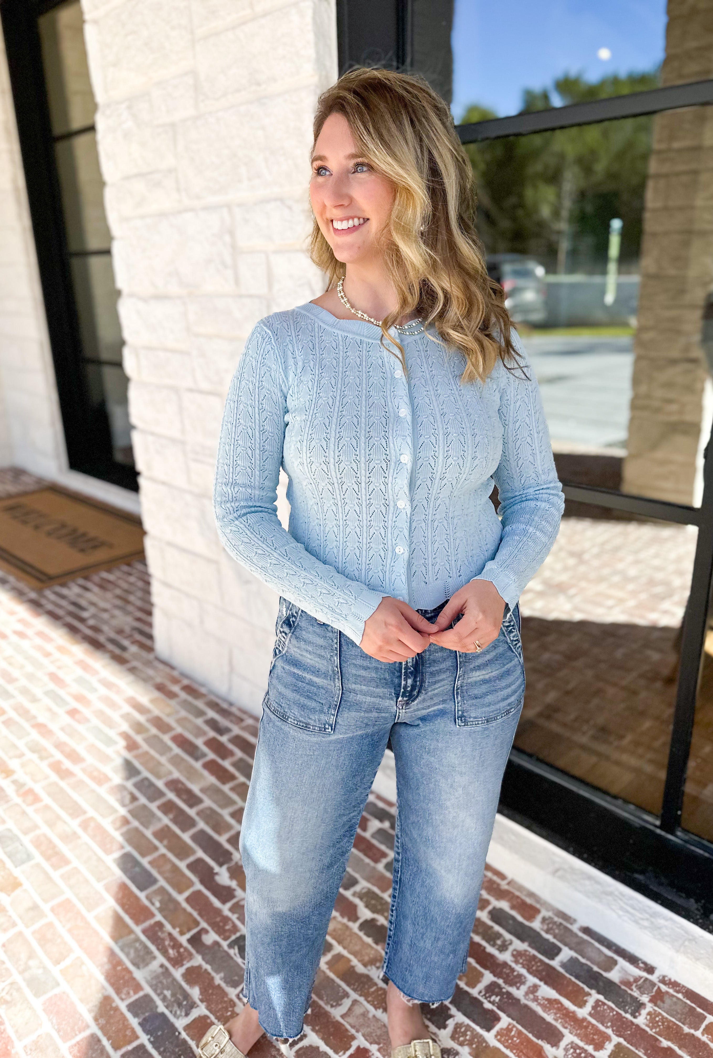 Pointelle Cardigan - Soft Blue-230 Sweaters/Cardis-ALLIE ROSE-July & June Women's Fashion Boutique Located in San Antonio, Texas