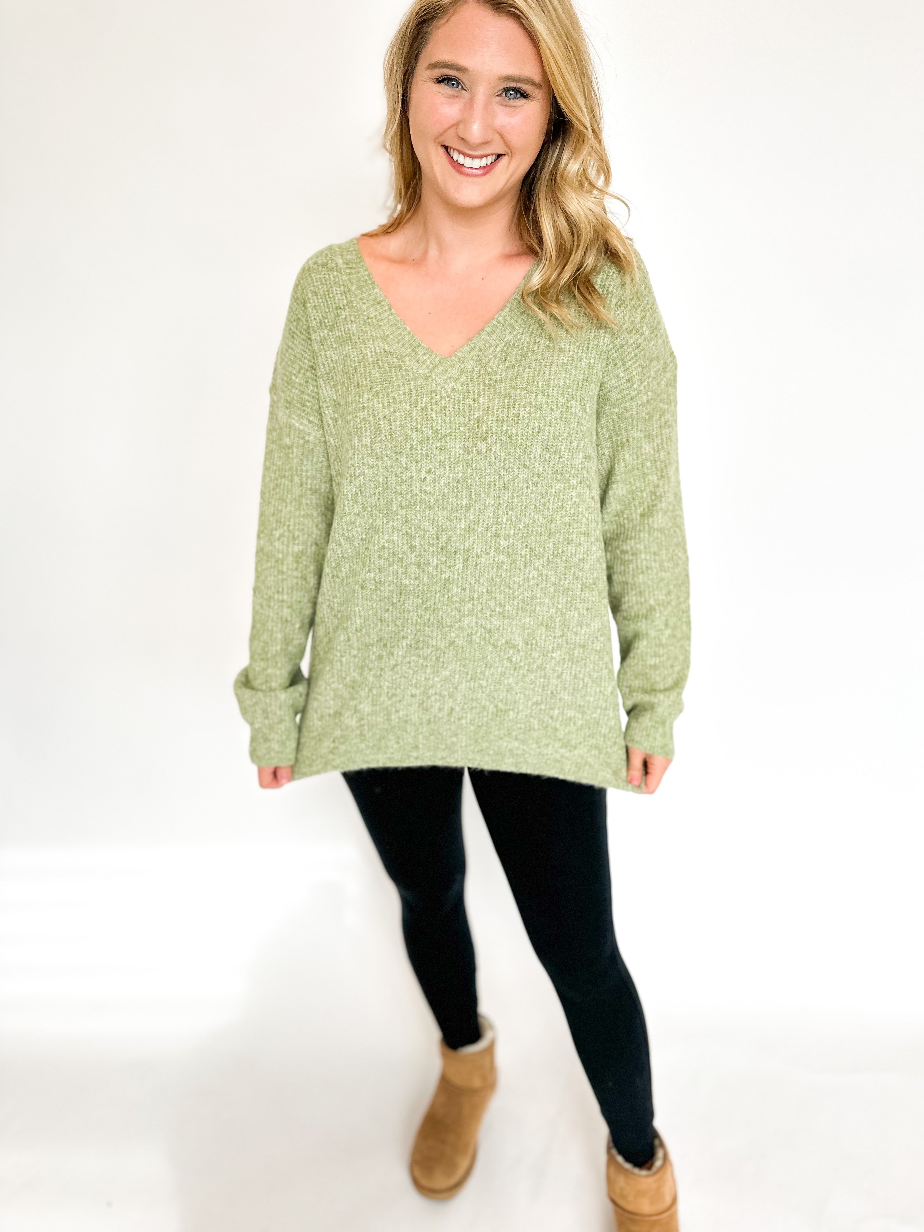 Soft Knit V-Neck Sweater- Pistachio-230 Sweaters/Cardis-LISTICLE-July & June Women's Fashion Boutique Located in San Antonio, Texas