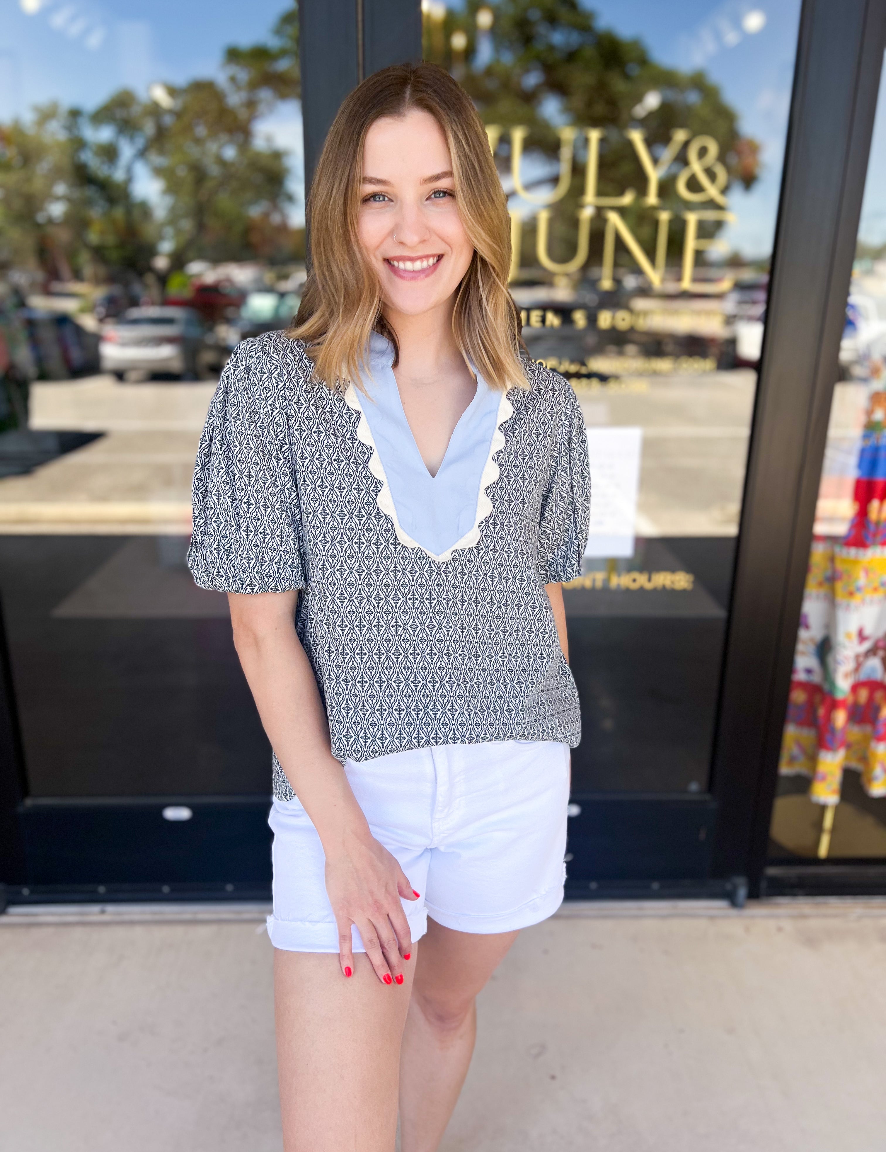 THML - Black & Baby Blue Blouse-200 Fashion Blouses-THML-July & June Women's Fashion Boutique Located in San Antonio, Texas