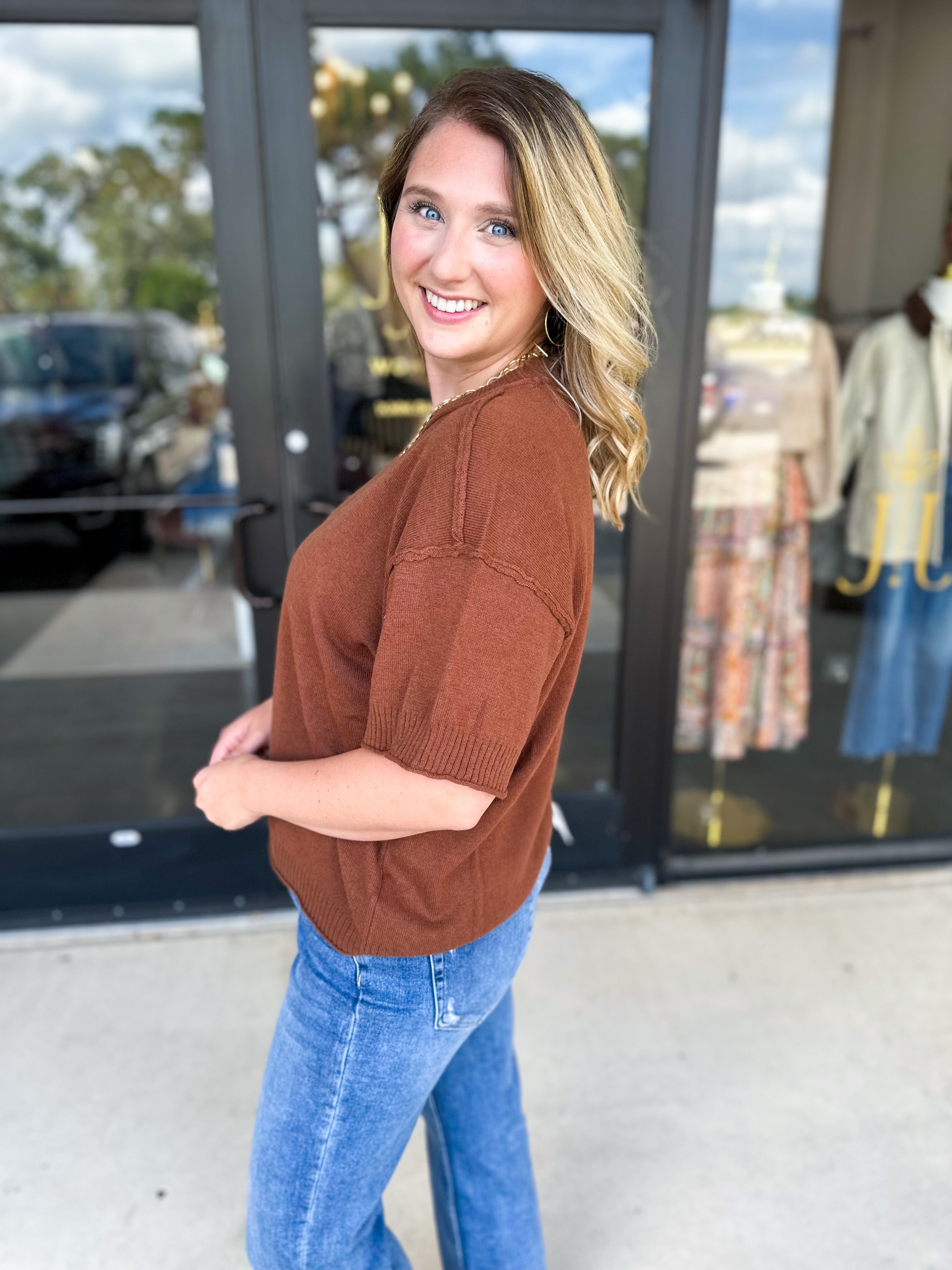The Ella Knit Sweater Top - Brown-230 Sweaters/Cardis-JODIFL-July & June Women's Fashion Boutique Located in San Antonio, Texas